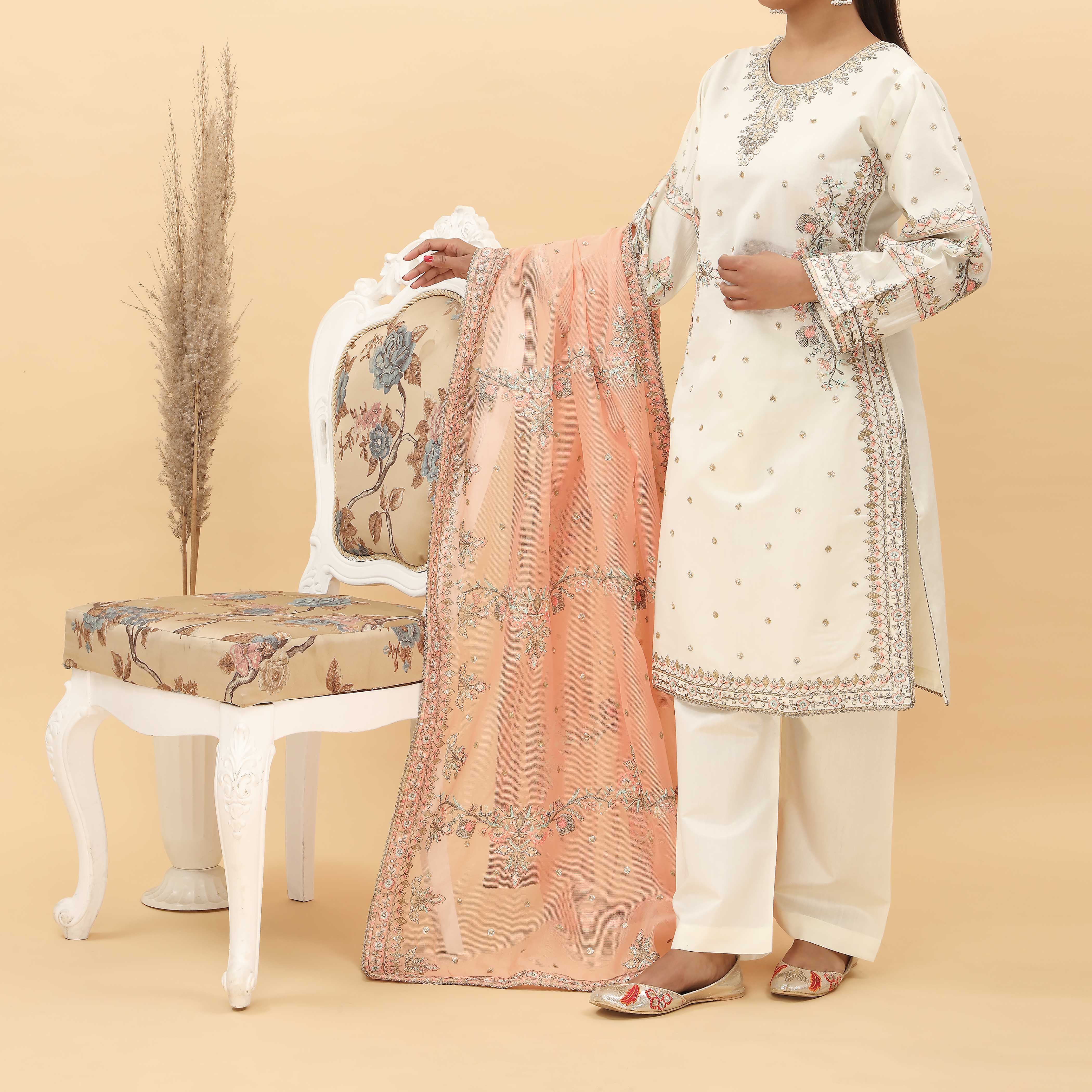 3PC- Embroidered Khadi Net Suit PF5125 - Image 3