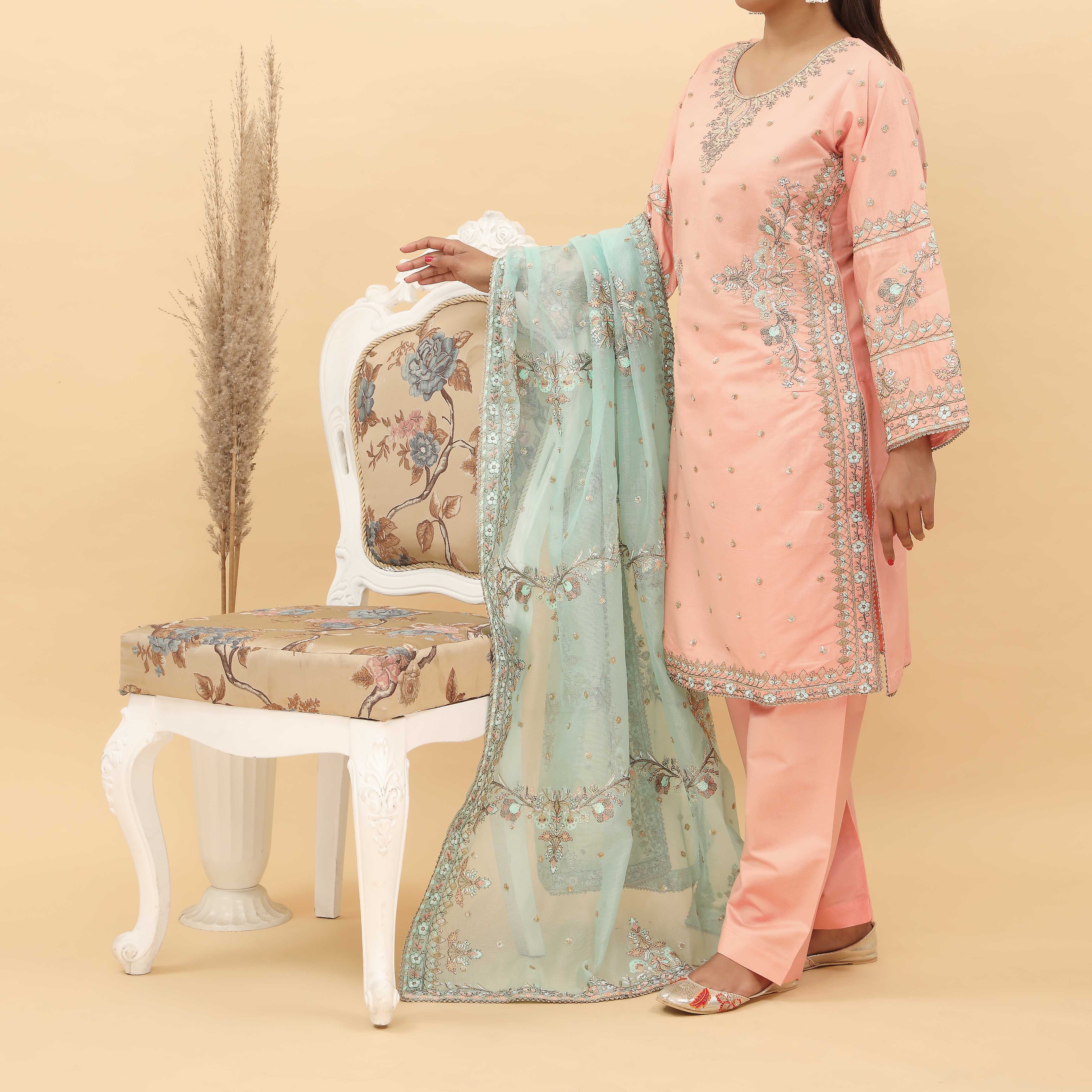3PC- Embroidered Khadi Net Suit PF5126 - Image 2