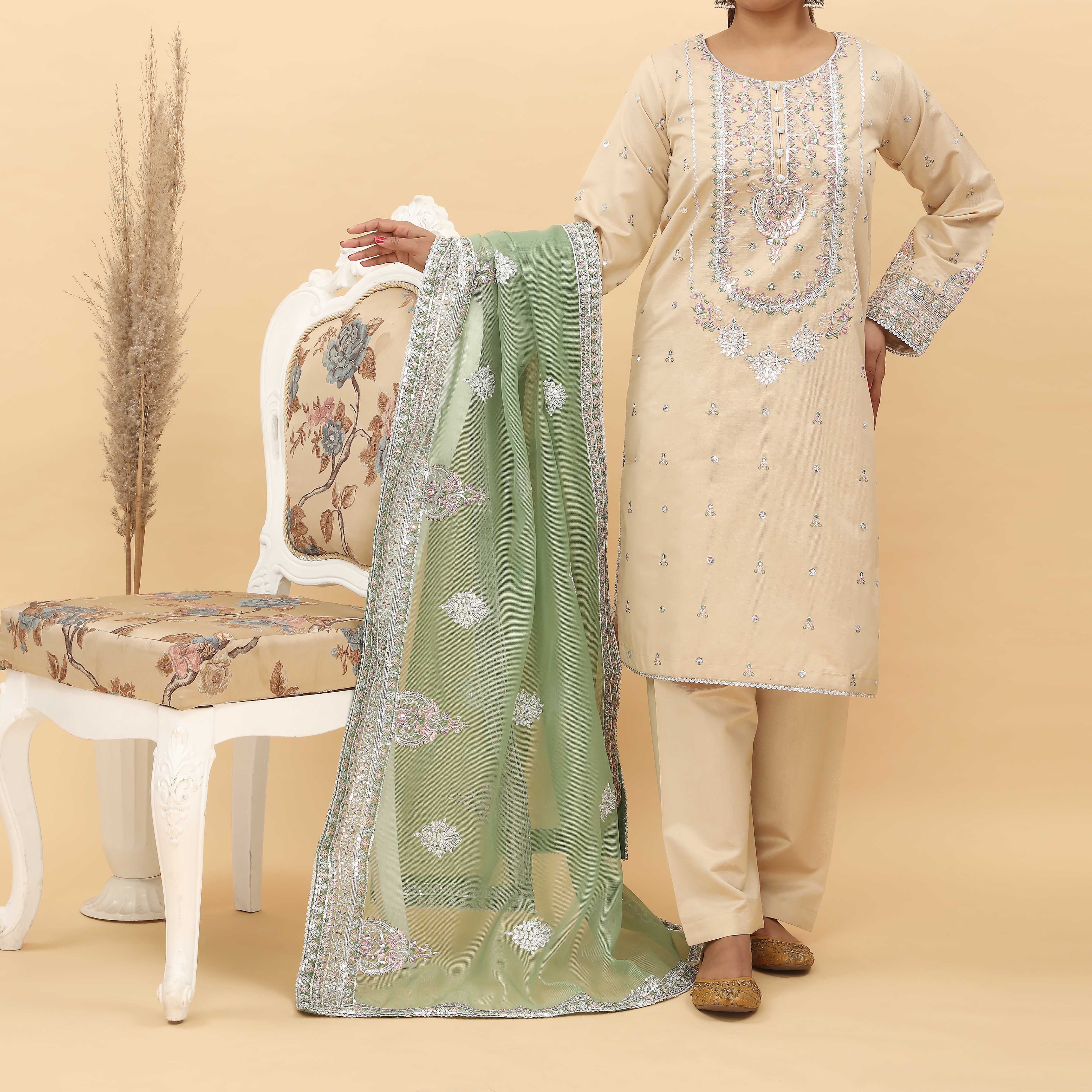 3PC- Embroidered Khadi Net Suit PF5128 - Image 2