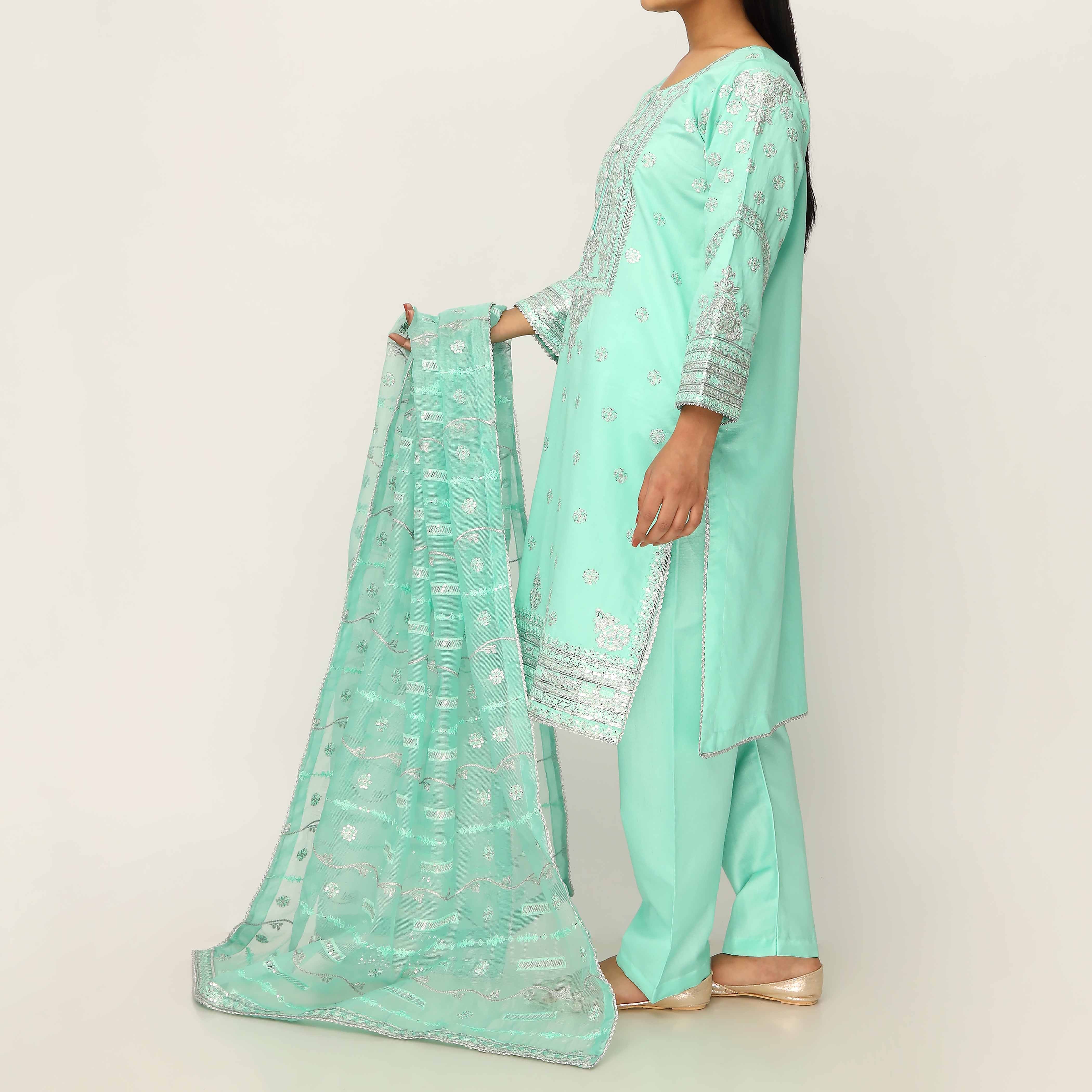 3PC- Khaddi Net Embellished Suit PF5042 - Image 3