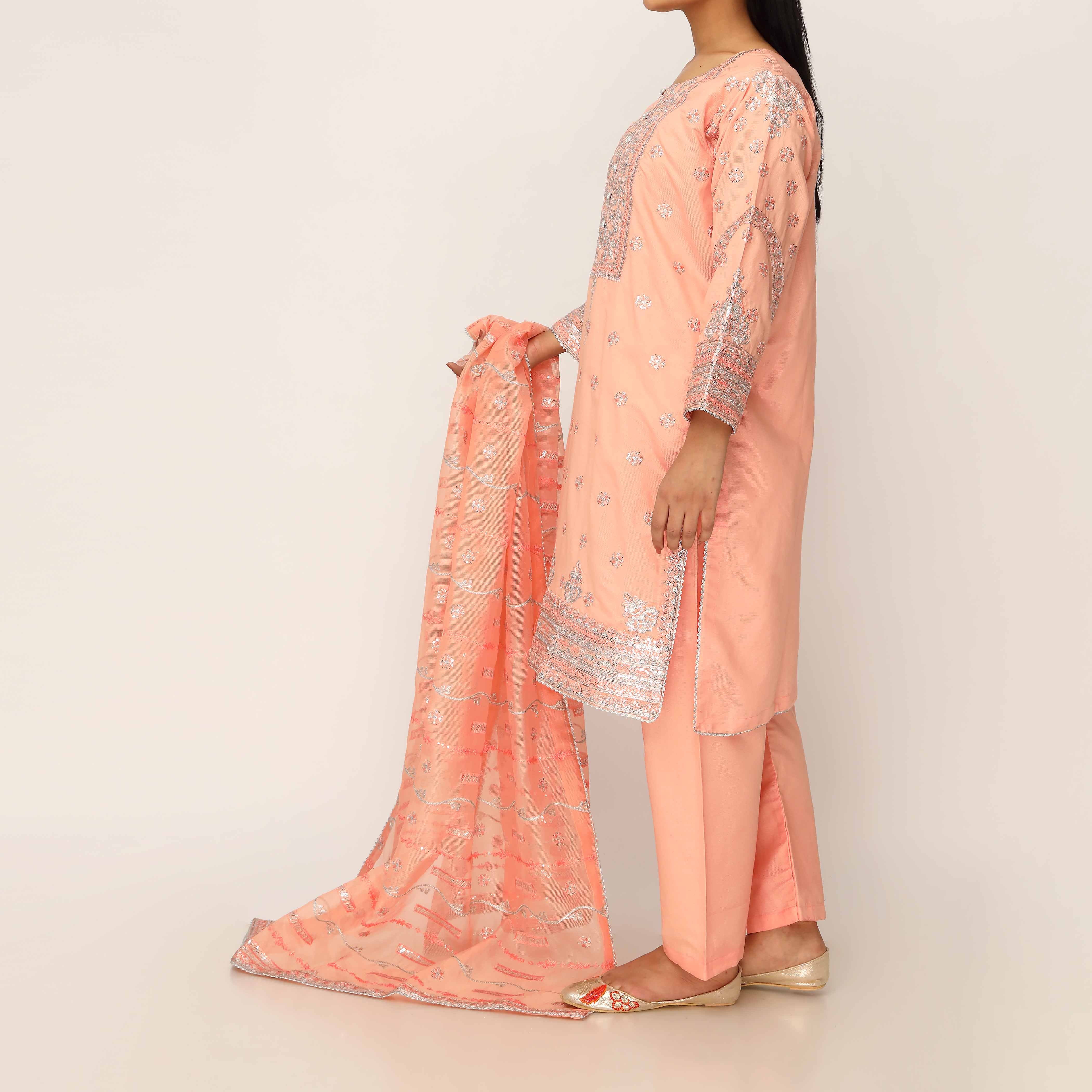 3PC- Khaddi Net Embellished Suit PF5043 - Image 3