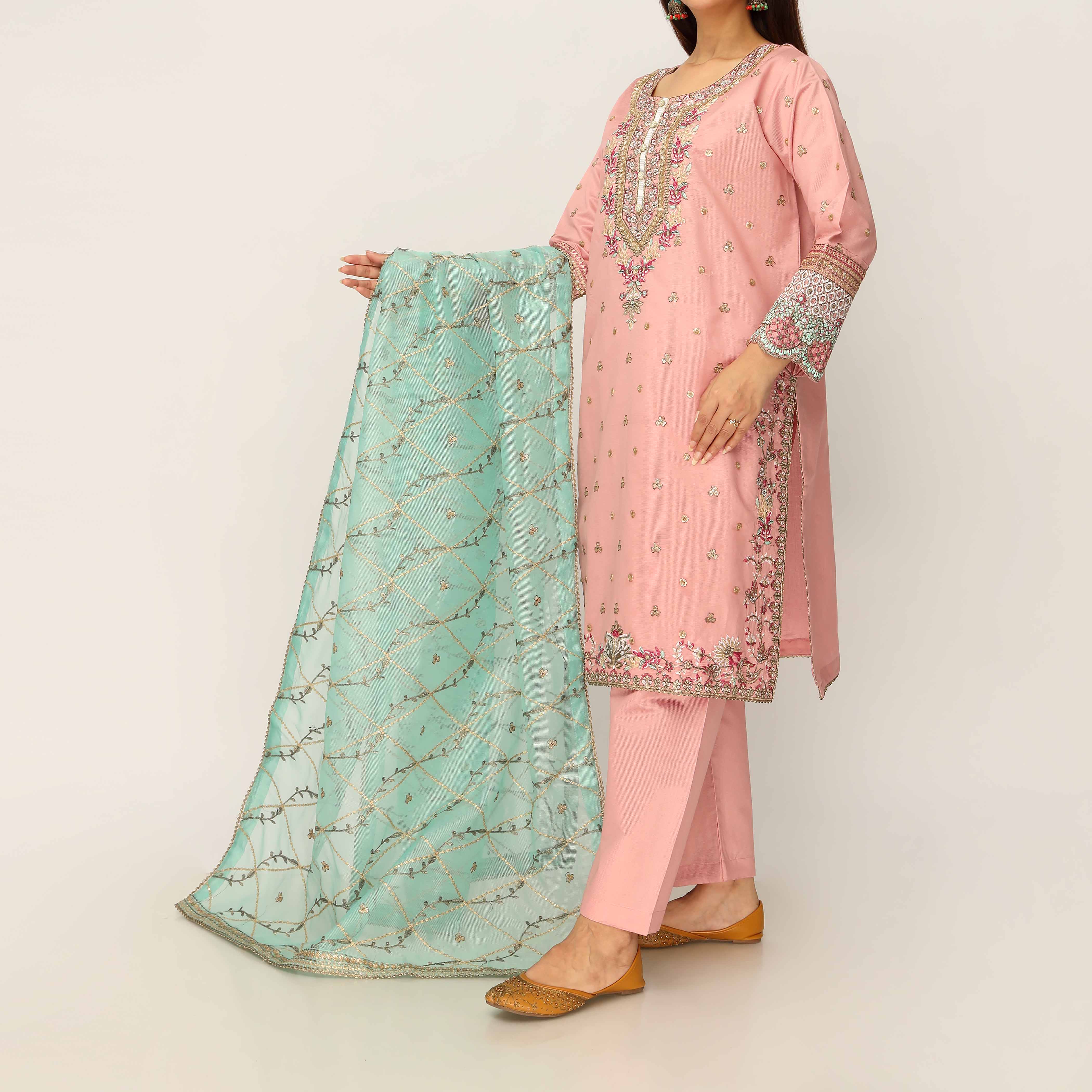 3PC- Khaddi Net Embellished Suit PF5136 - Image 3