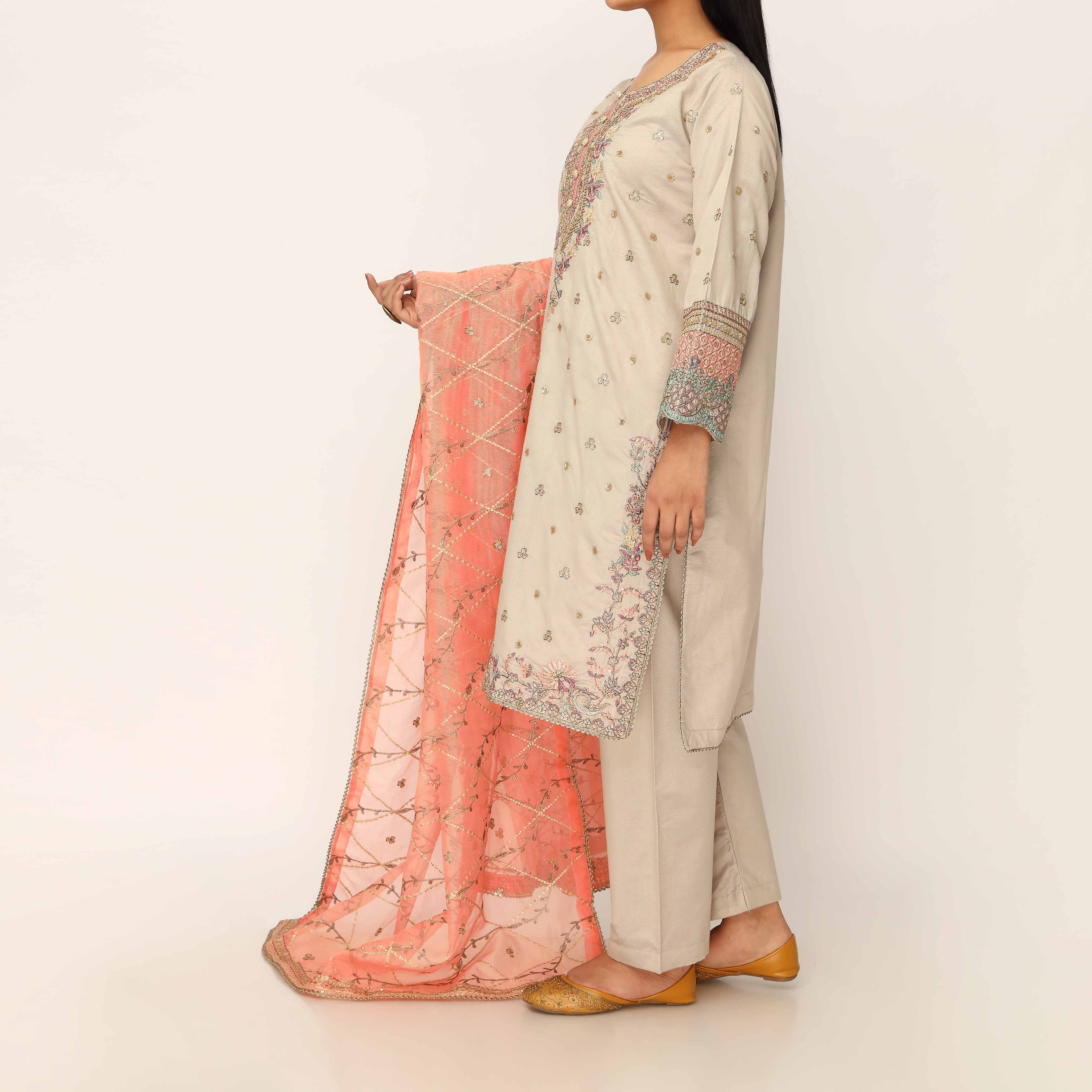 3PC- Khaddi Net Embellished Suit PF5138 - Image 3