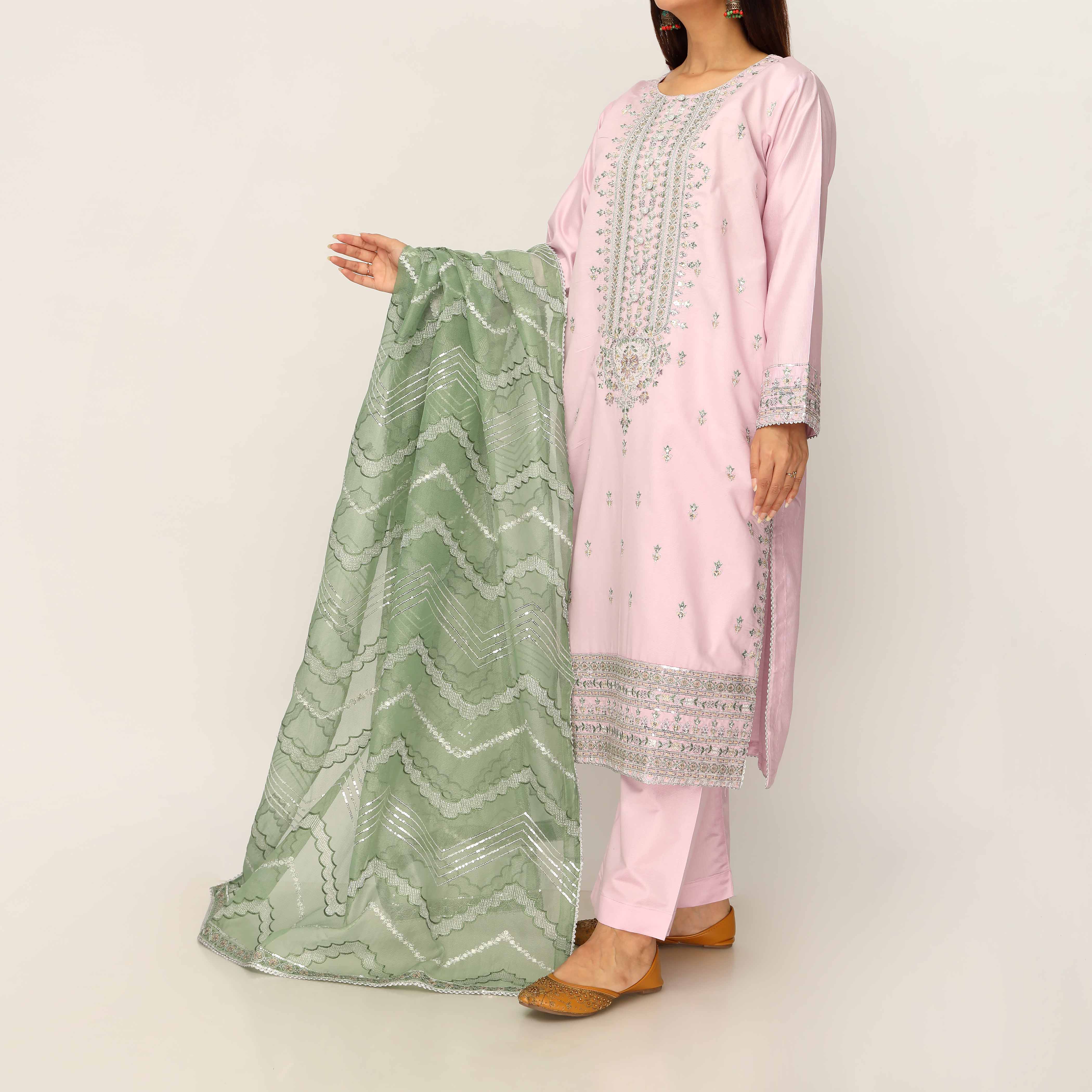 3PC- Khaddi Net Embellished Suit PF5149 - Image 3