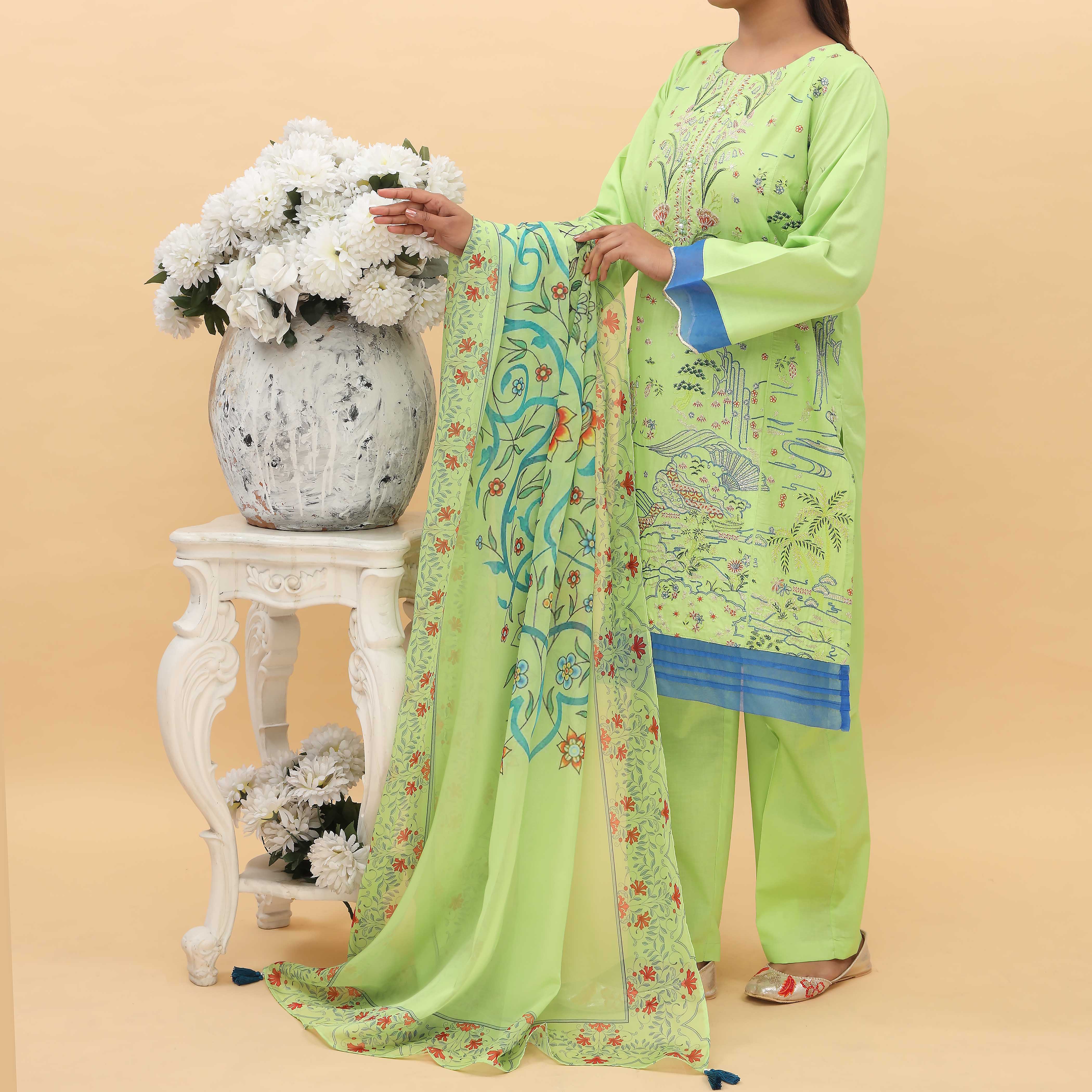 3PC- Printed Cambric Suit  PS5004 - Image 2