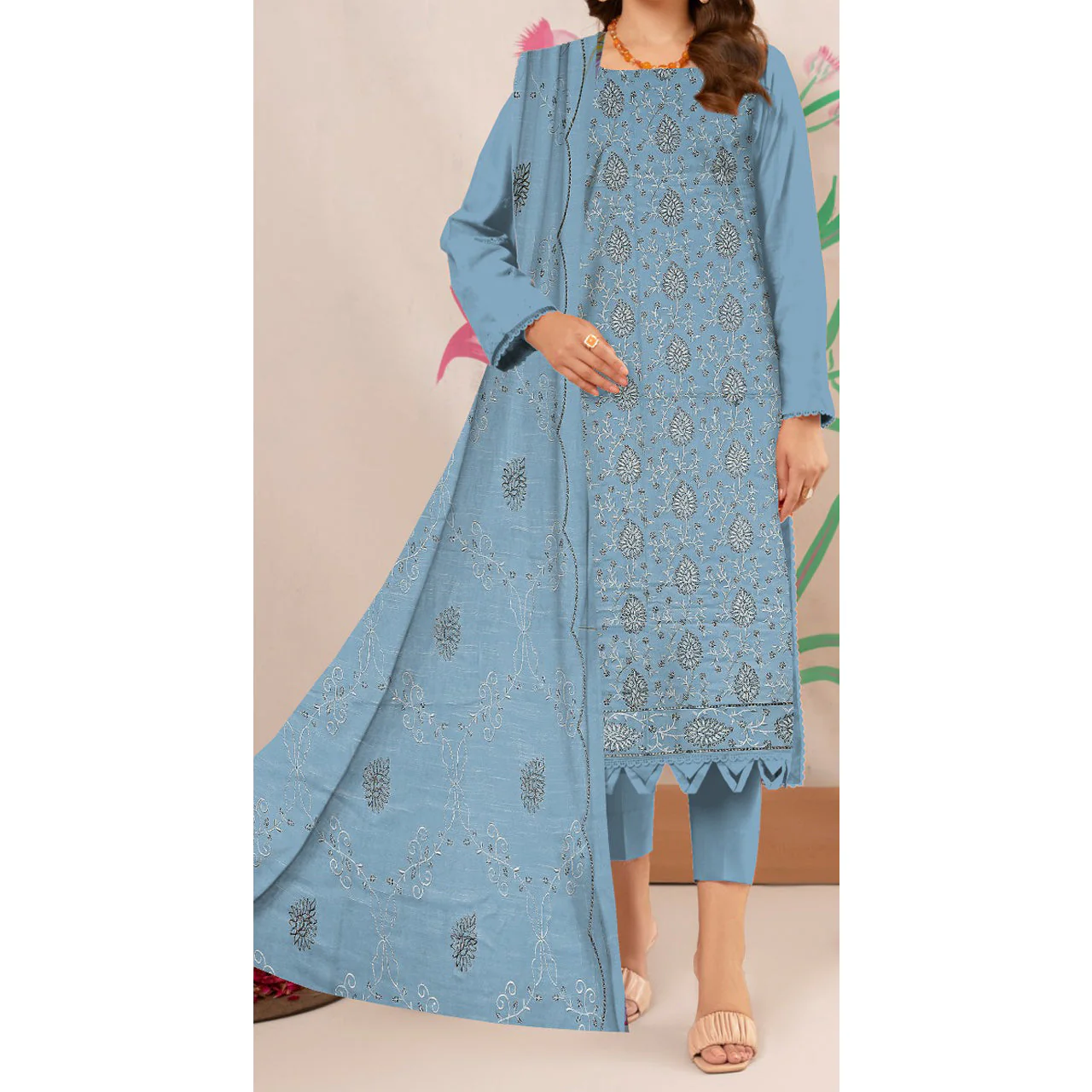 3PC- Unstitched Embroidered Lawn Suit US5239