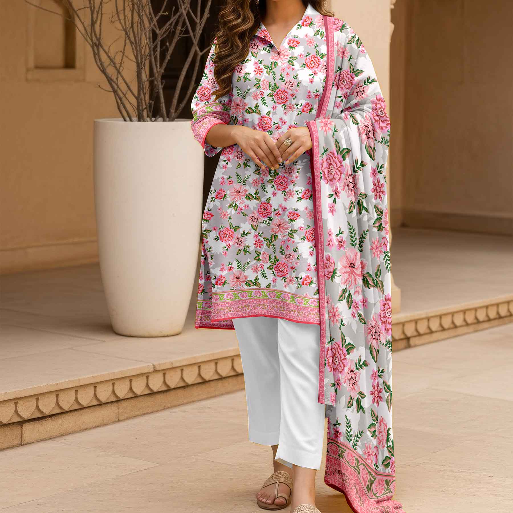 3PC- Unstitched Printed Cotton Cambric suit US5488 - Image 2