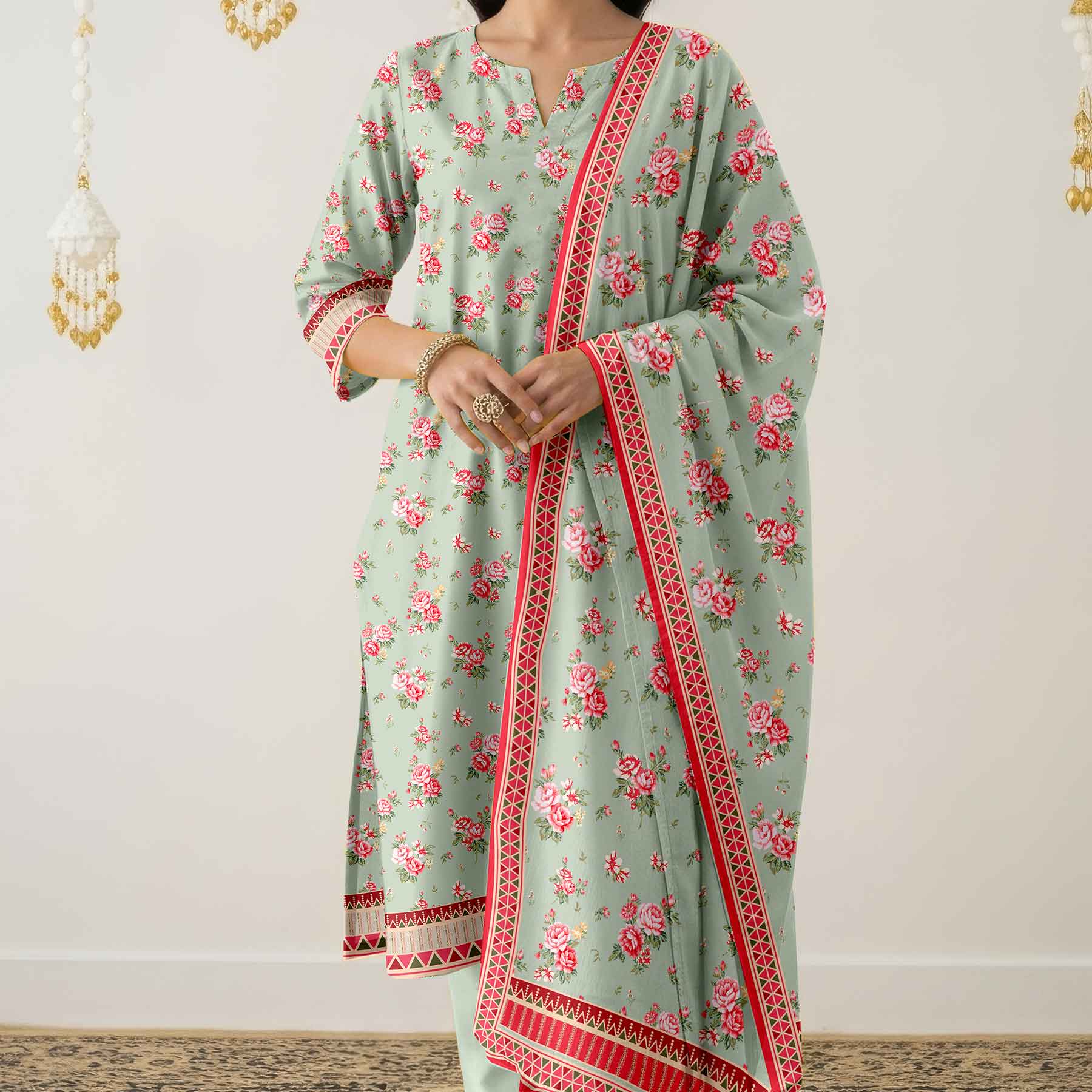 3PC- Unstitched Printed Cotton Cambric suit US5489 - Image 2