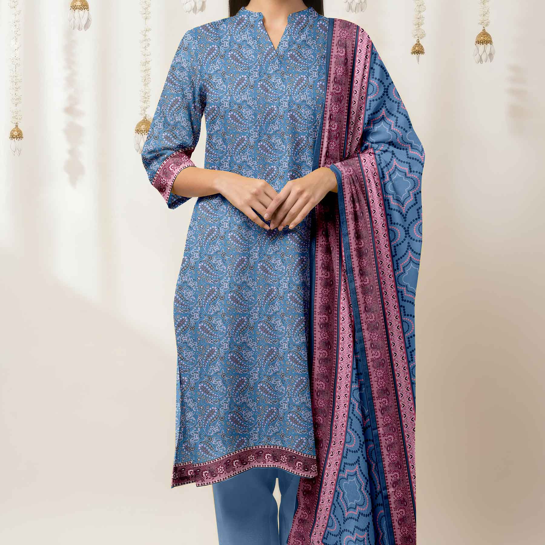 3PC- Unstitched Printed Cotton Cambric suit US5490 - Image 2