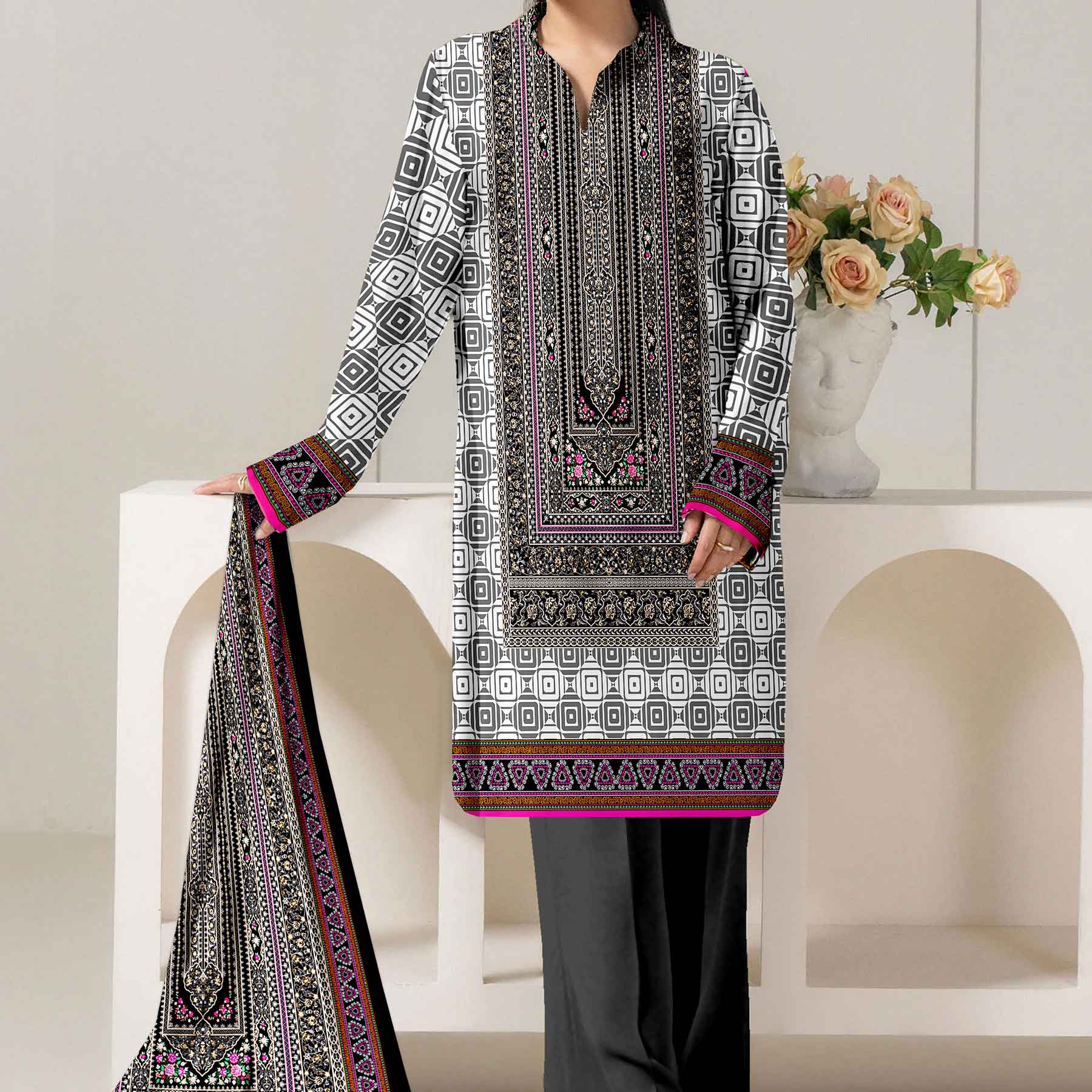 3PC- Unstitched Printed Cotton Cambric suit UW5085 - Image 2