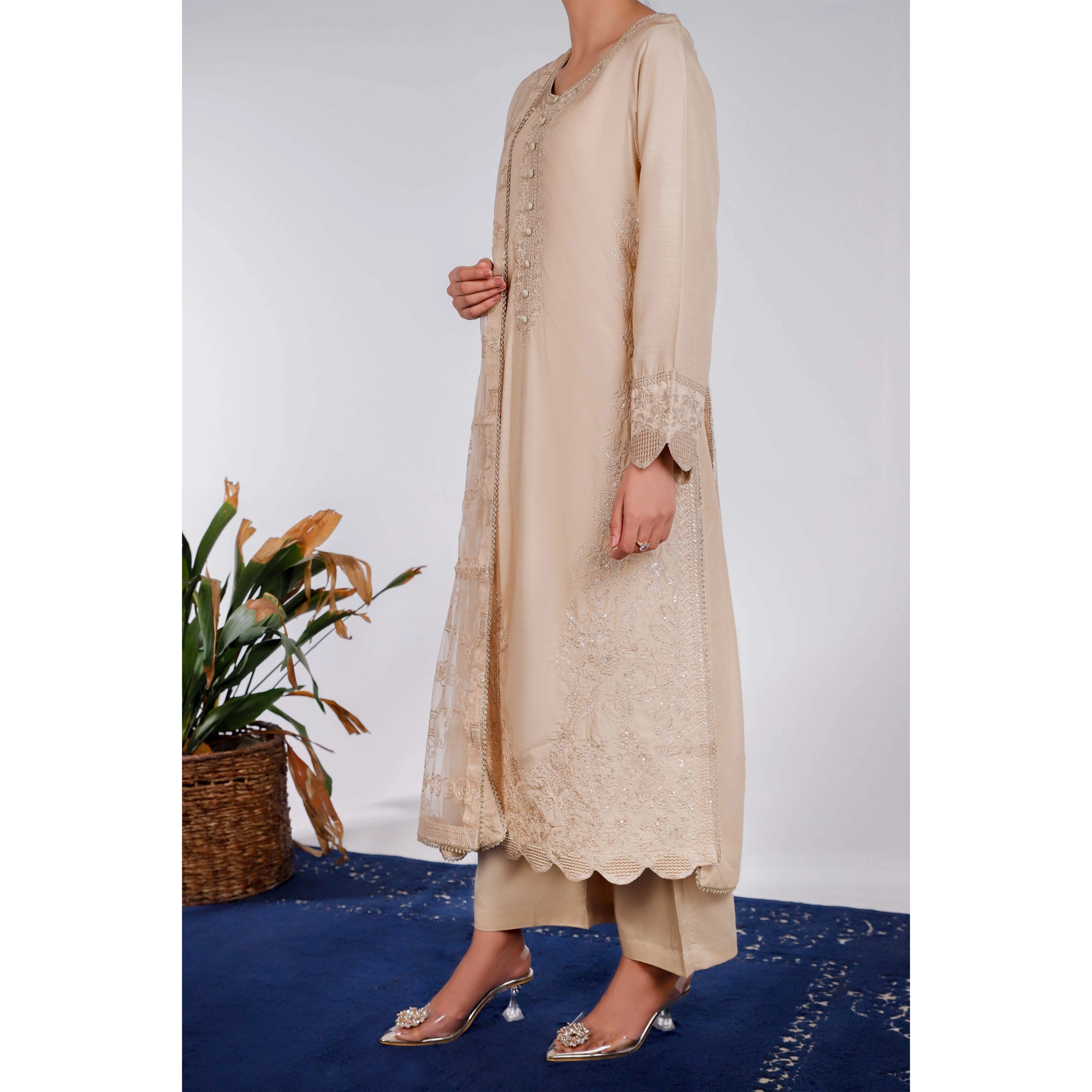 3PC- Embellished Khaddi Net Suit PF4011 - Image 2