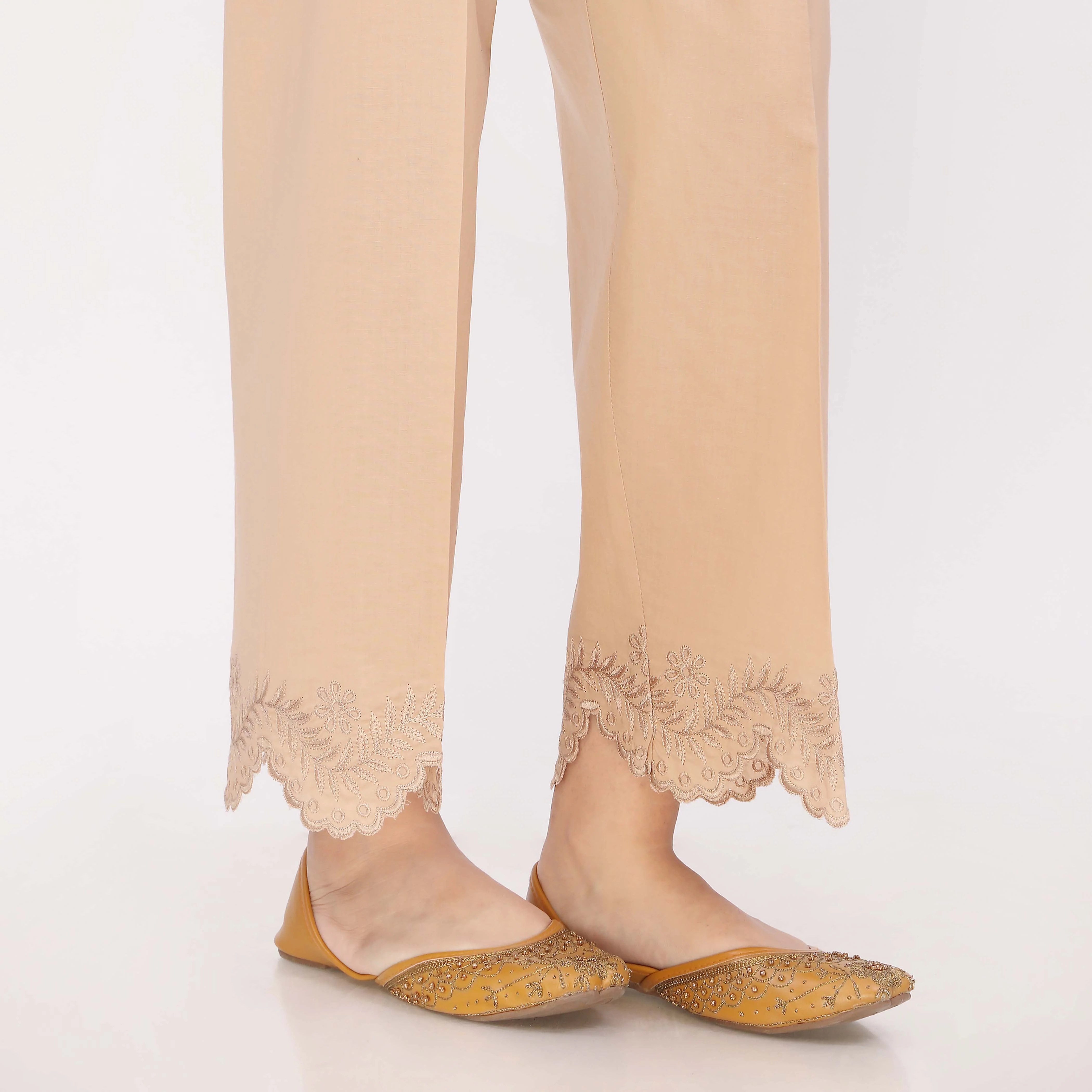 Beige Cotton Cambric Embroidered Trouser - Image 3