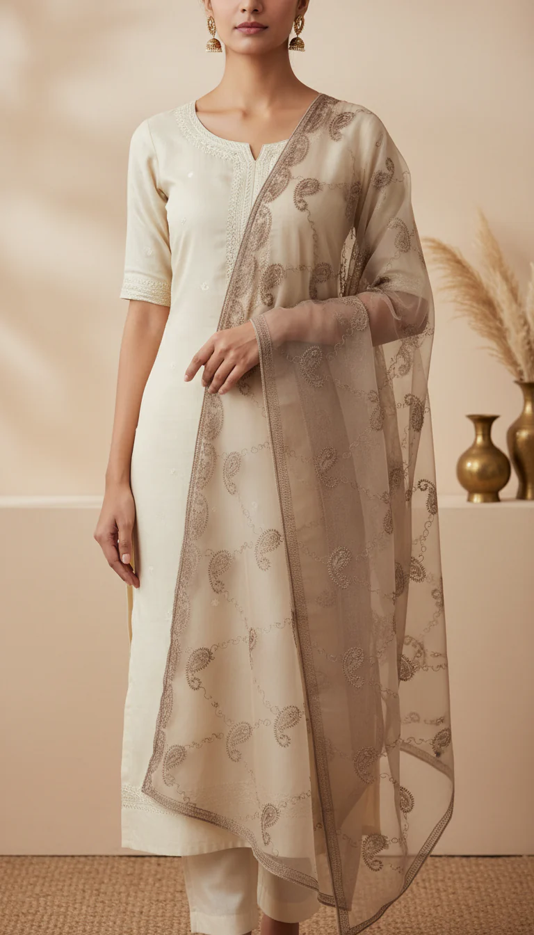 Beige Embellished Net Dupatta PD6078 - Image 2