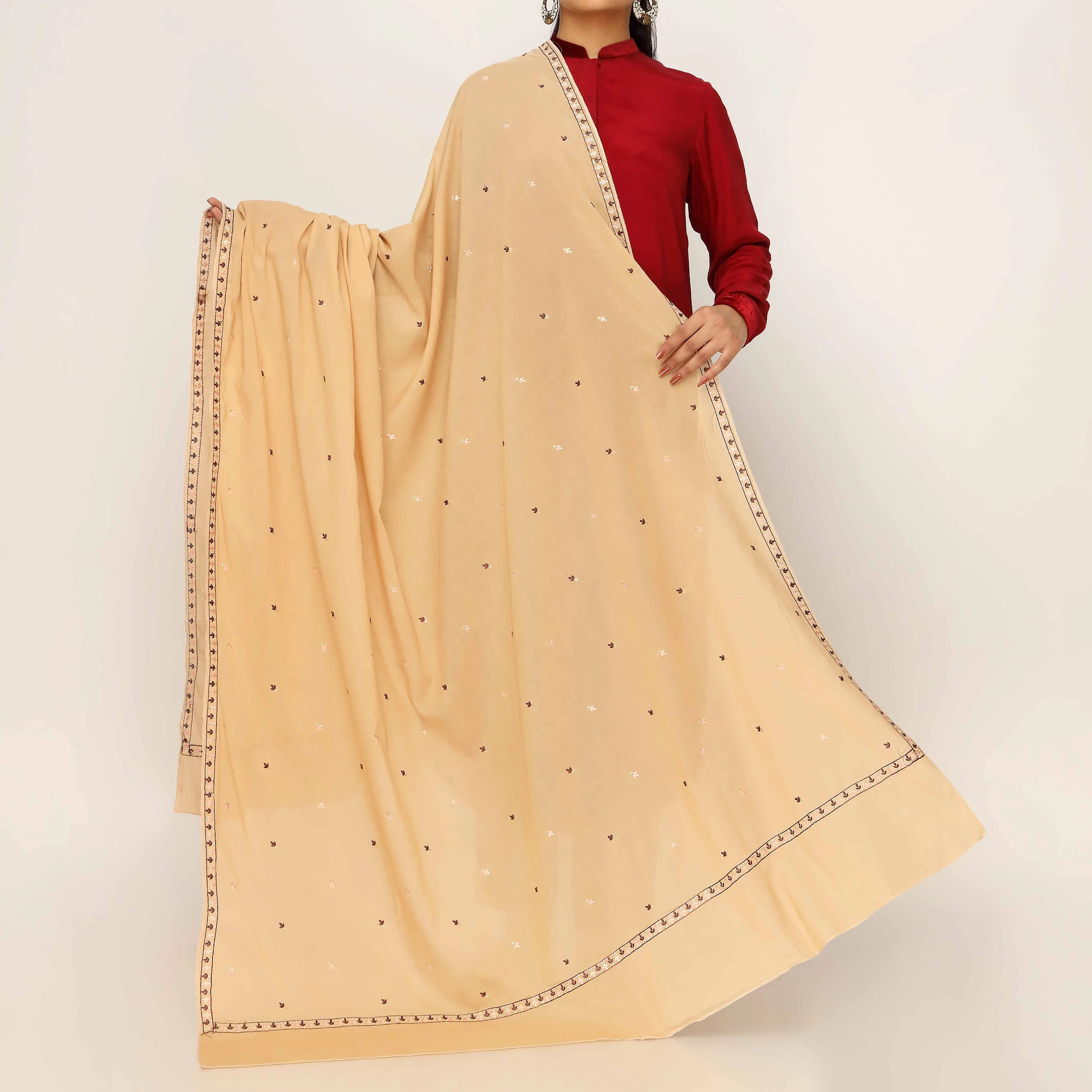 Beige Embroidered Cotton Dupatta PD5475 - Image 2