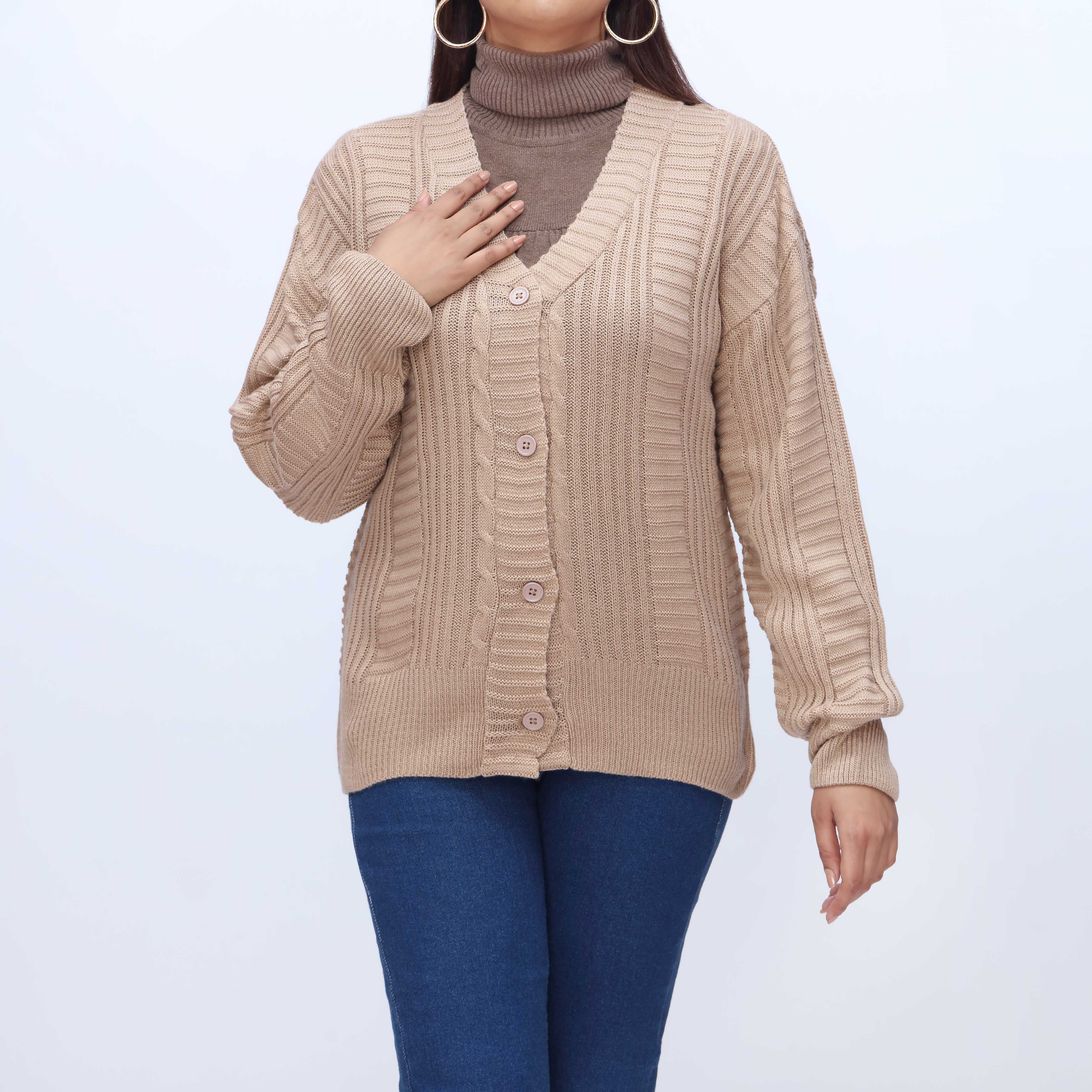 Beige Mid Length Cardigan PW3912 - Image 2