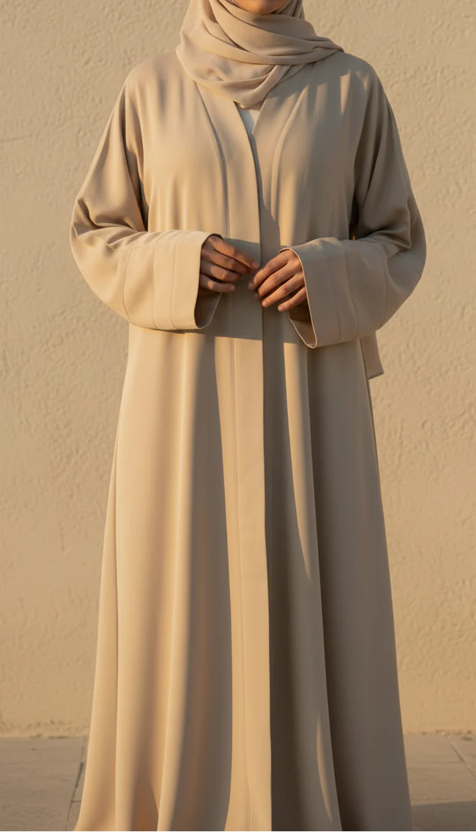 Beige Solid Dyed Blended Fabric Abaya PW5275 - Image 3