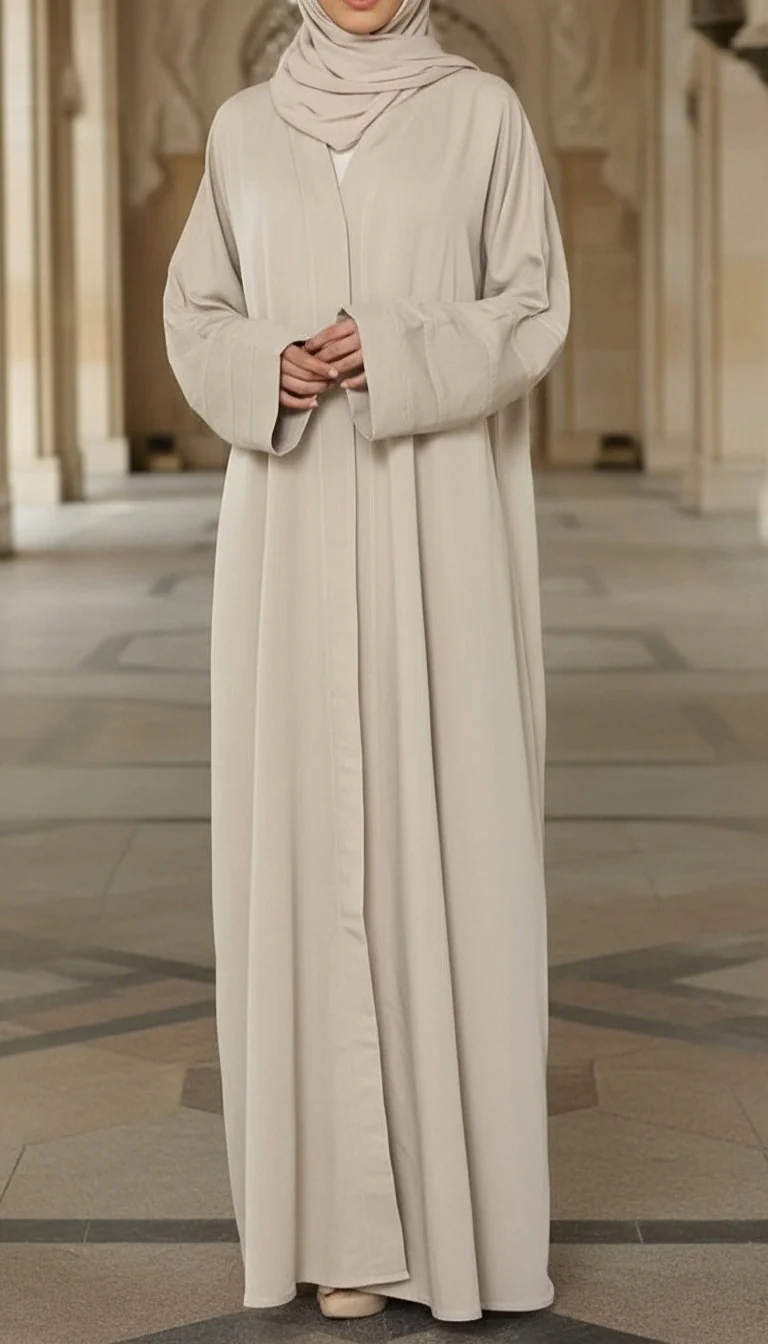 Beige Solid Dyed Blended Fabric Abaya PW5275 - Image 4