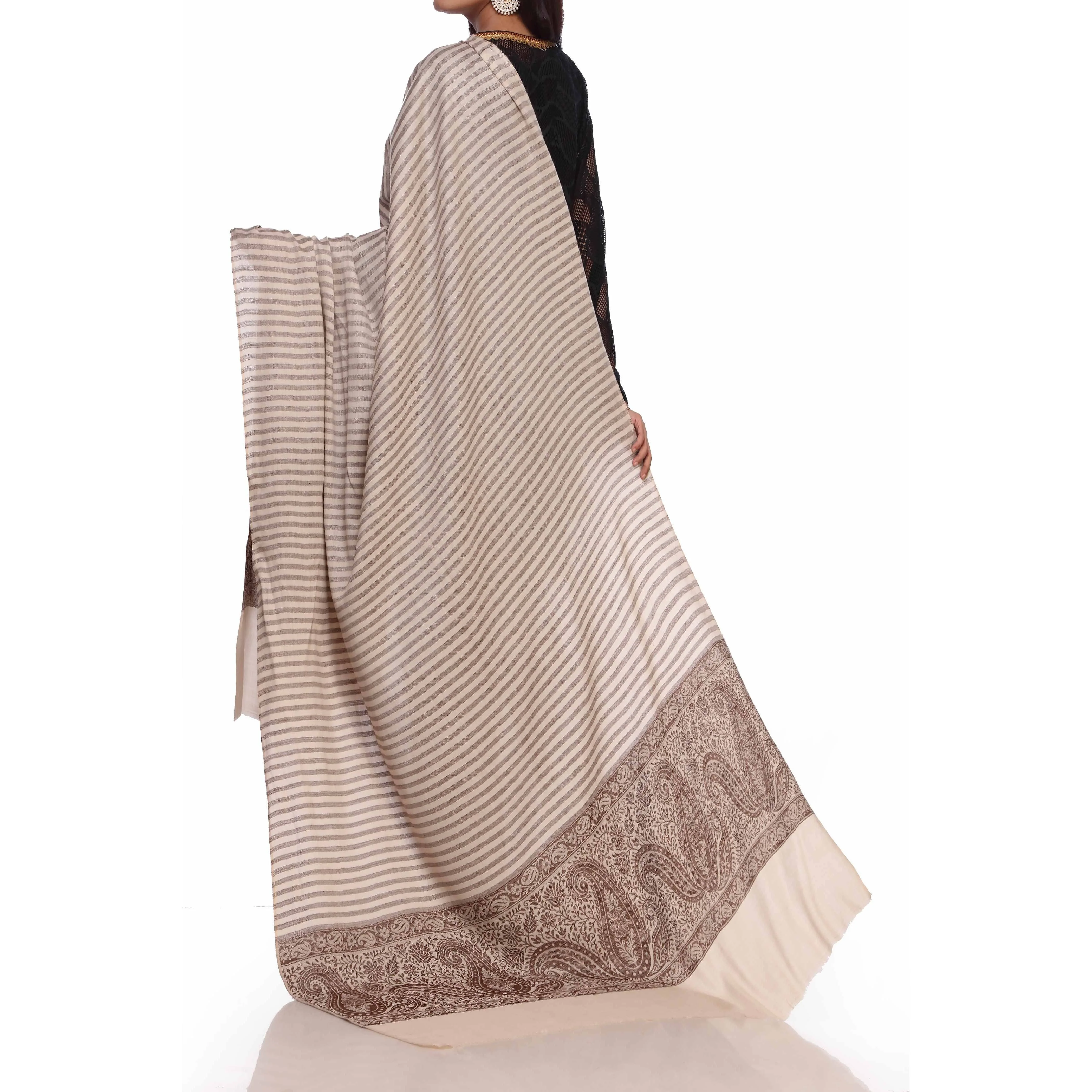 Beige Striped & Border Shawl PW2710 - Image 3