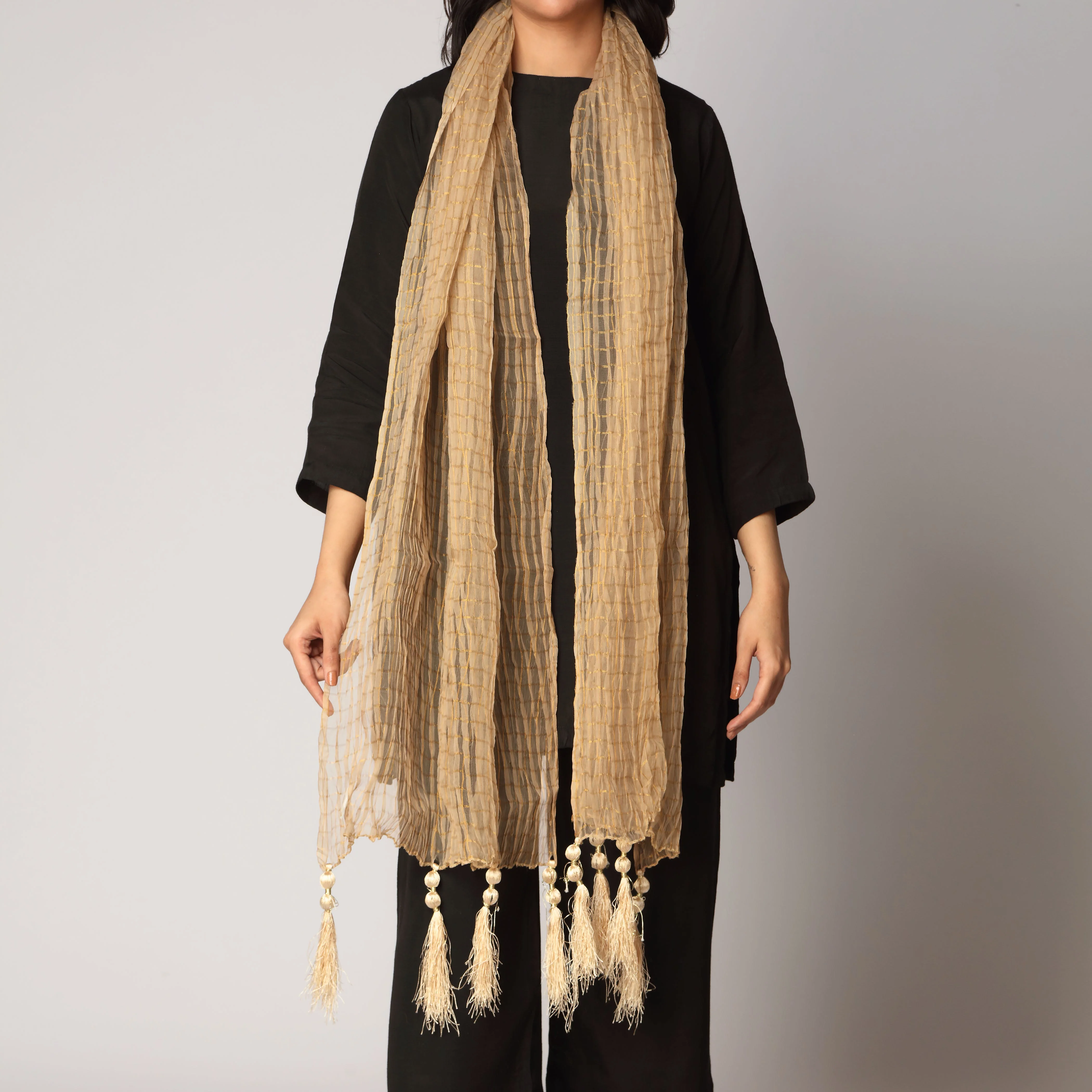 Beige Zari Checkered Stole PS3762 - Image 2