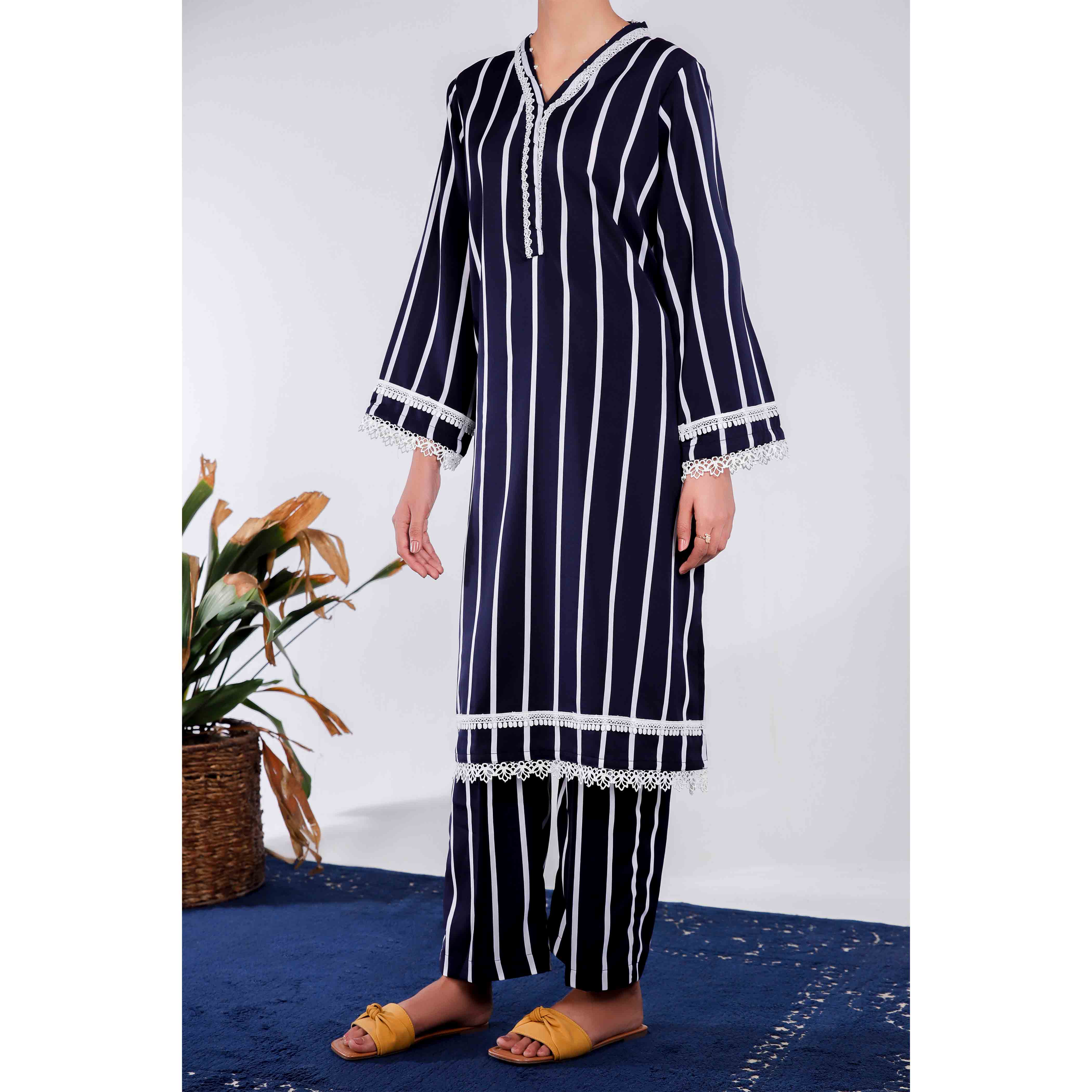 2PC- Solid Stripe Poly Cotton Suit PS4947 - Image 4