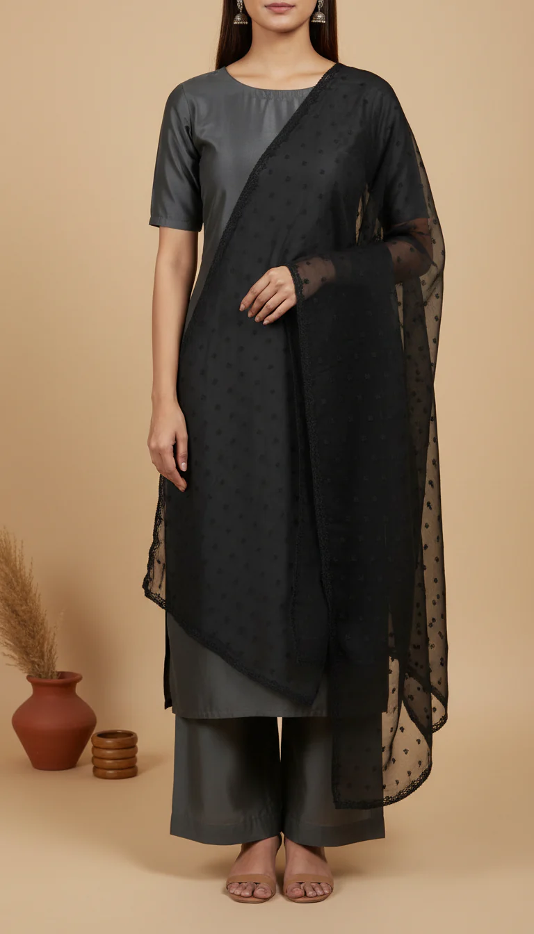 Black Embellished Chiffon Dupatta PD6077 - Image 2