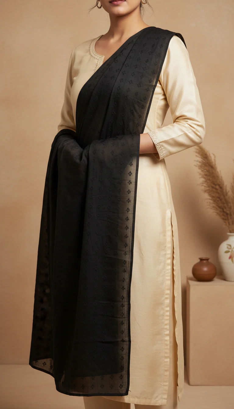 Black Embellished Cotton Shawl PD6073 - Image 2