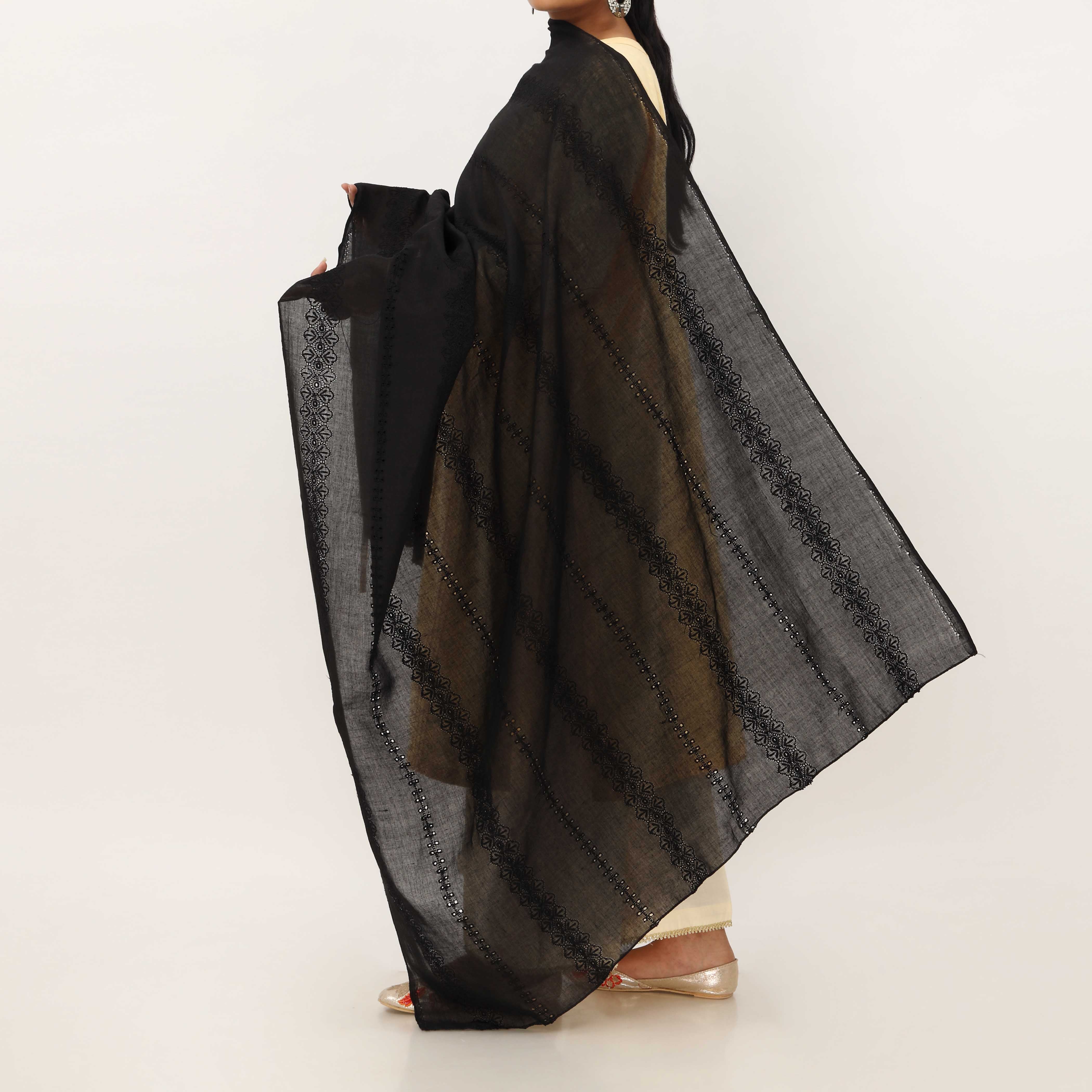 Black Embroidered Cotton Dupatta PD5489 - Image 2