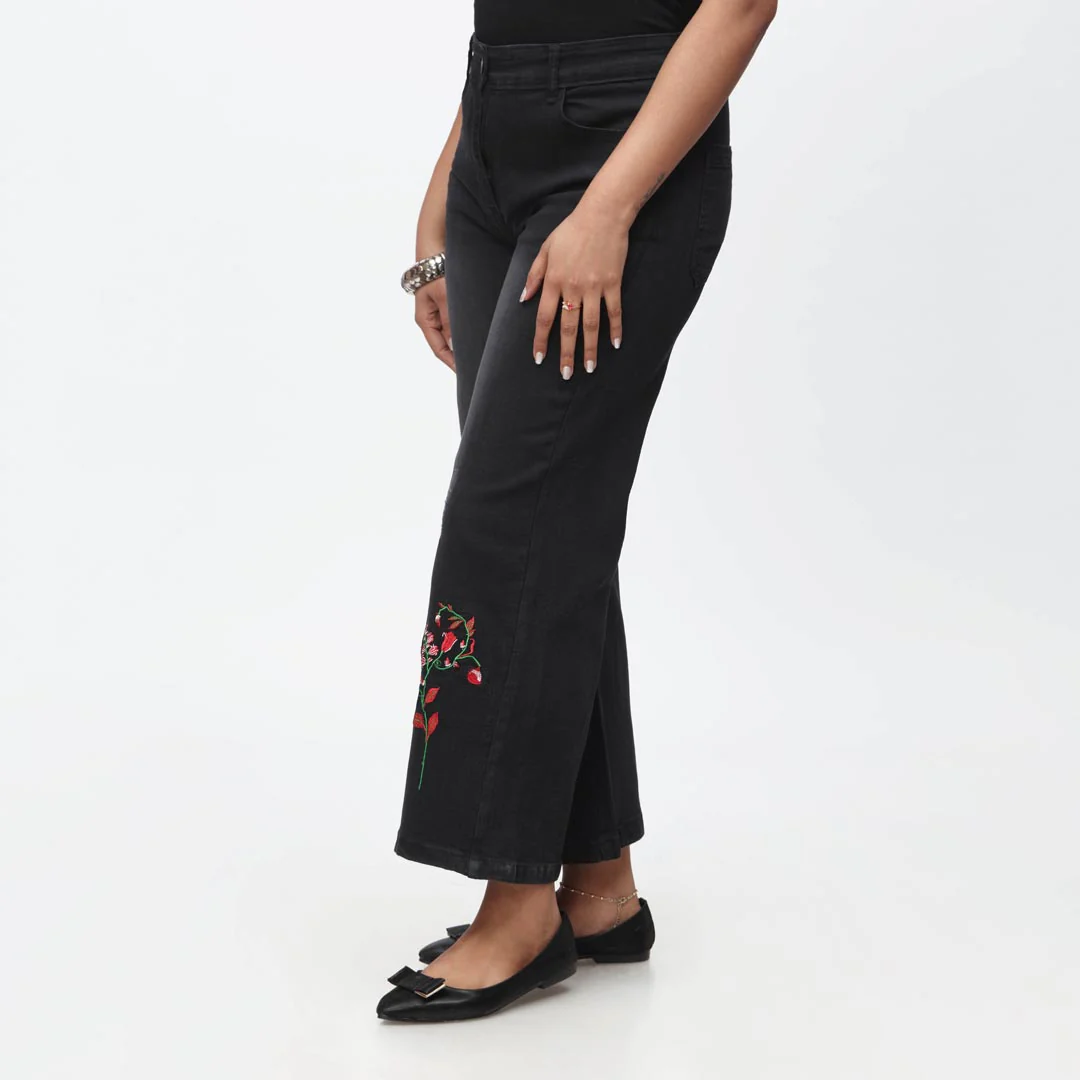 Black Embroidered Flapper Denim Pant PS4527 - Image 3