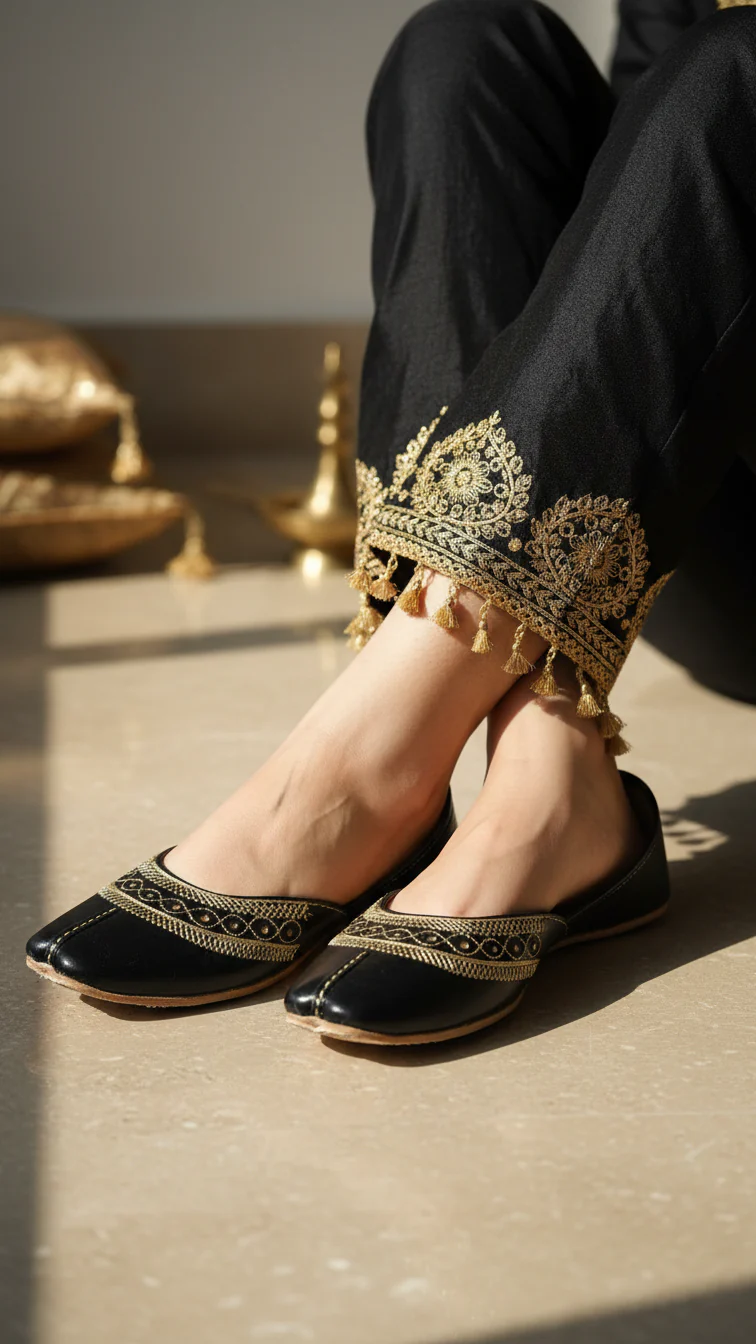 Black Leather Khussa For Women EC8671