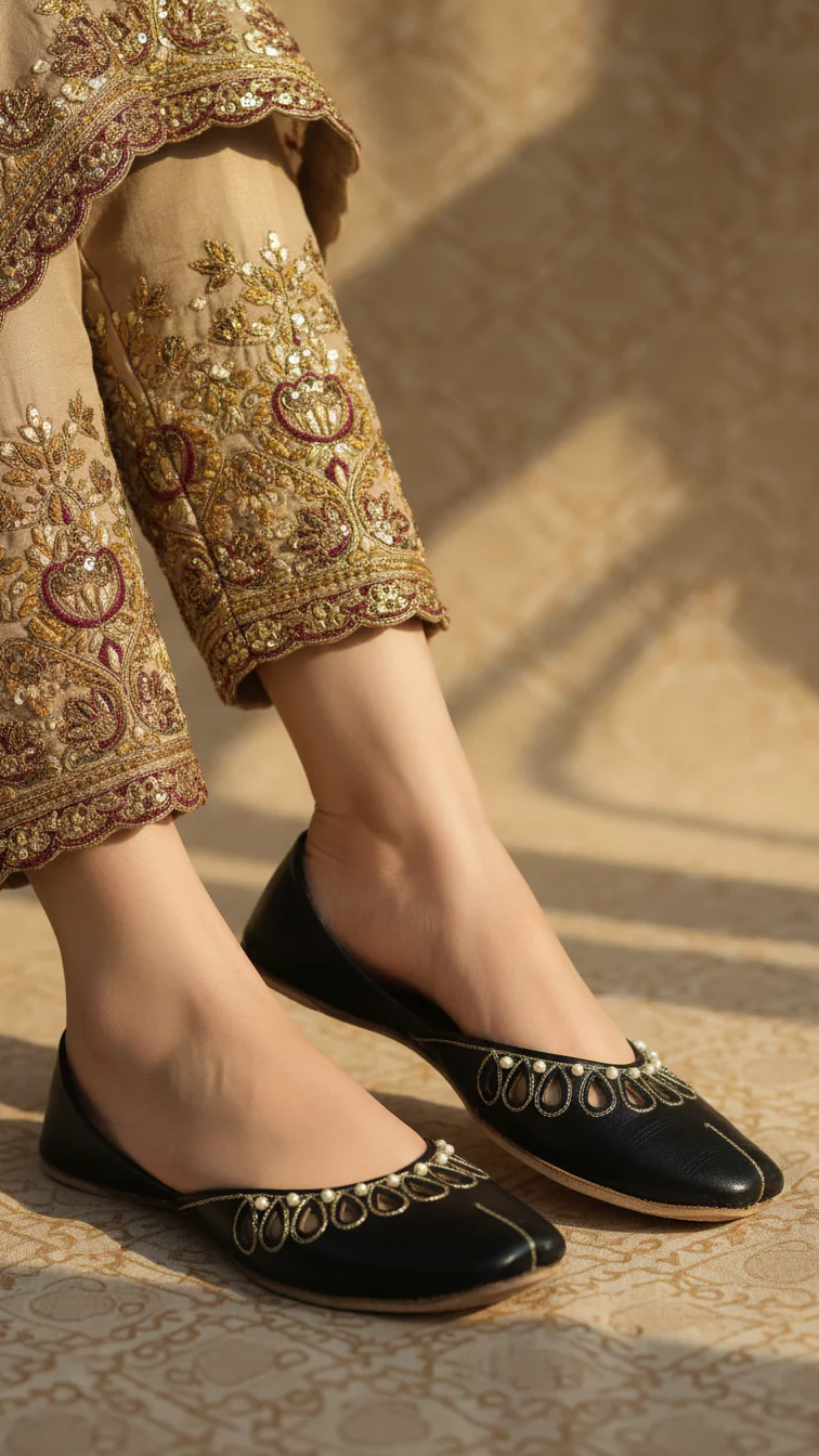 Black Leather Khussa For Women EC8693