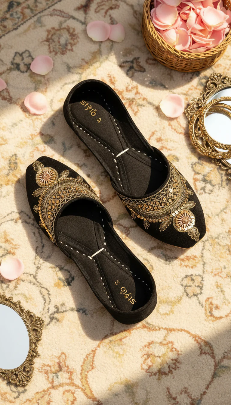 Black Leather Khussa For Women EC8765 - Image 2