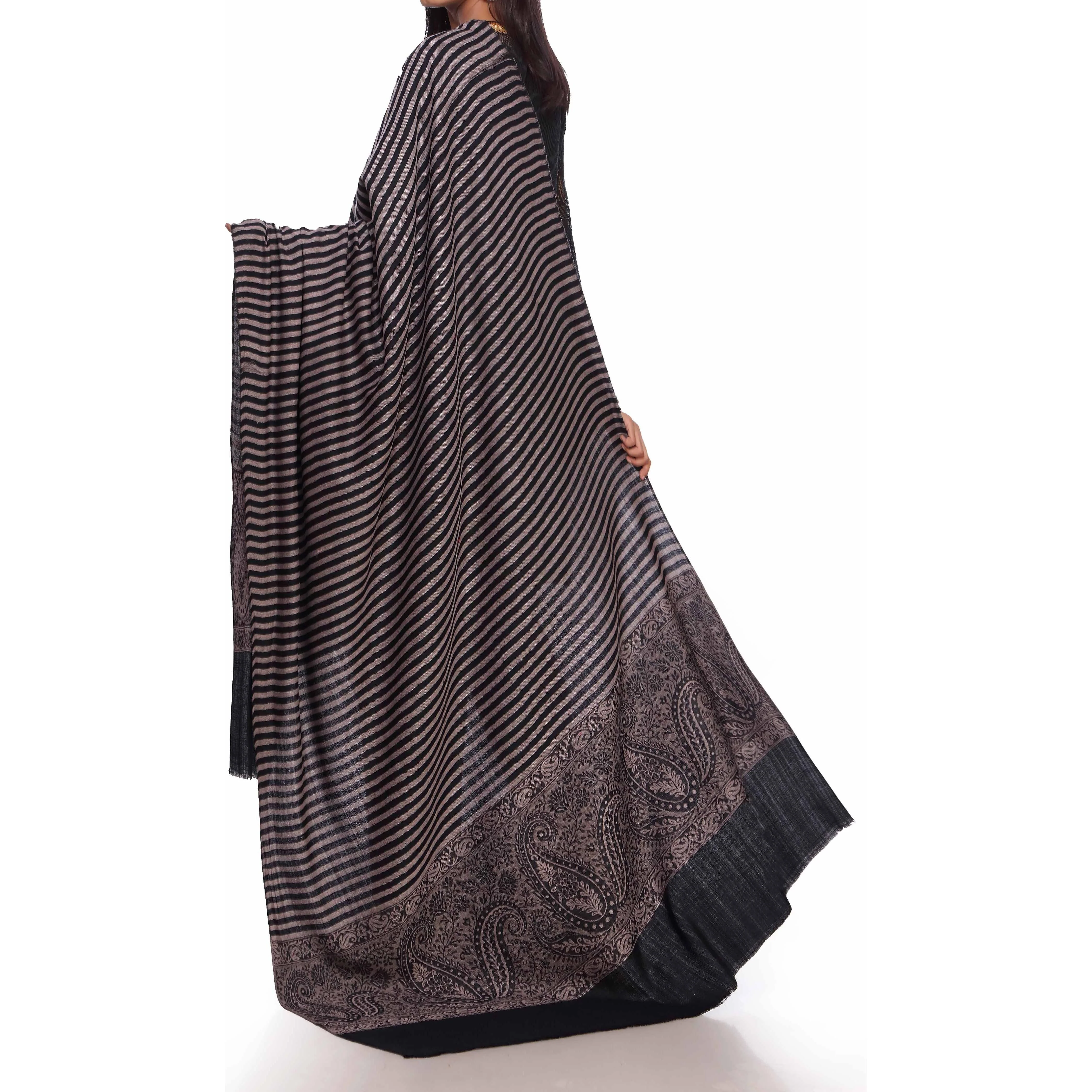 Black Striped & Border Shawl PW2710 - Image 3