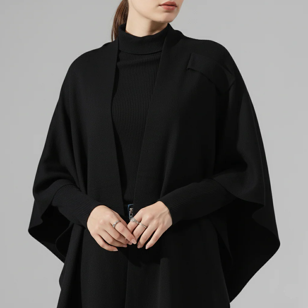 Black Sweater Knit Cape Shawl PW5624 - Image 2