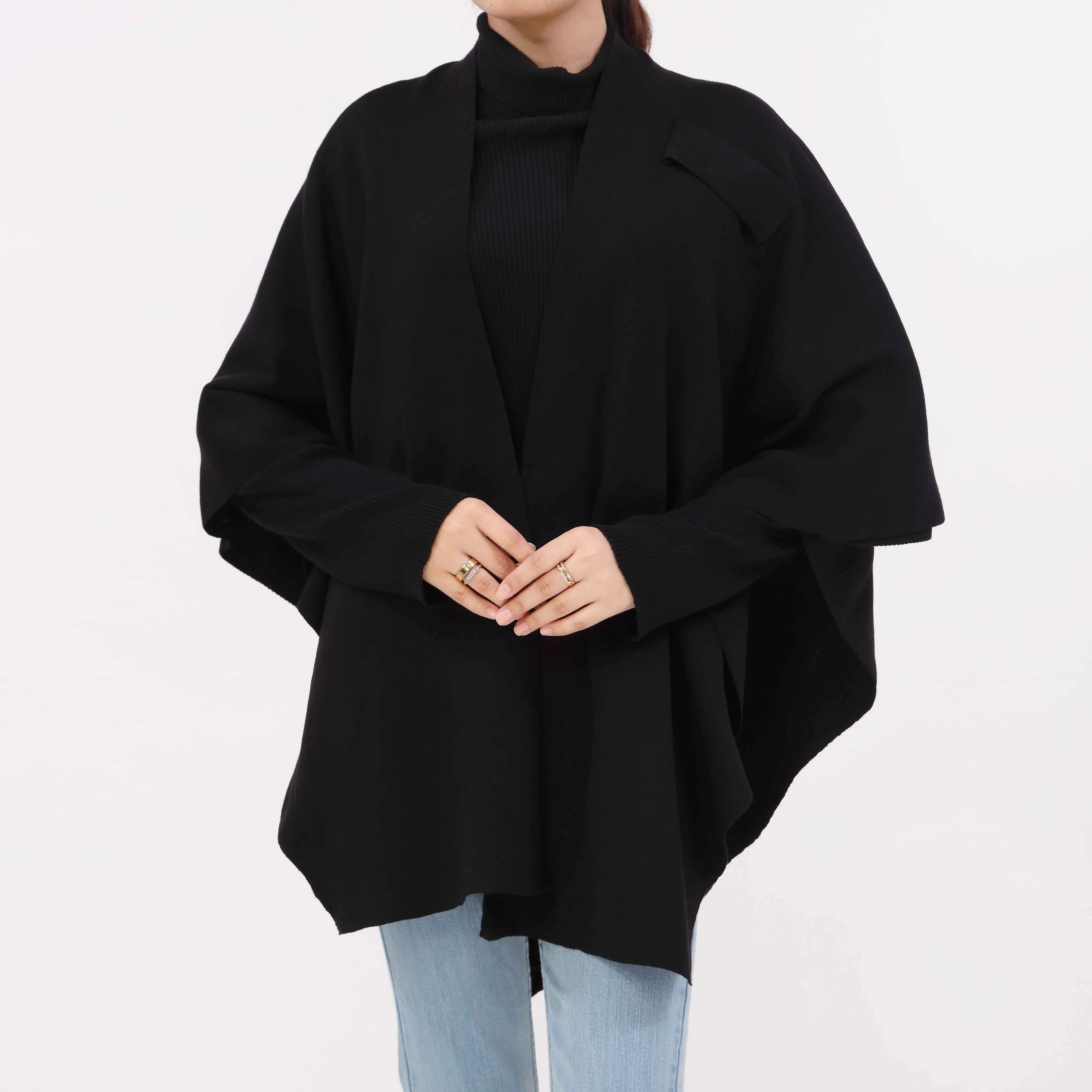 Black Sweater Knit Cape Shawl PW5624 - Image 3