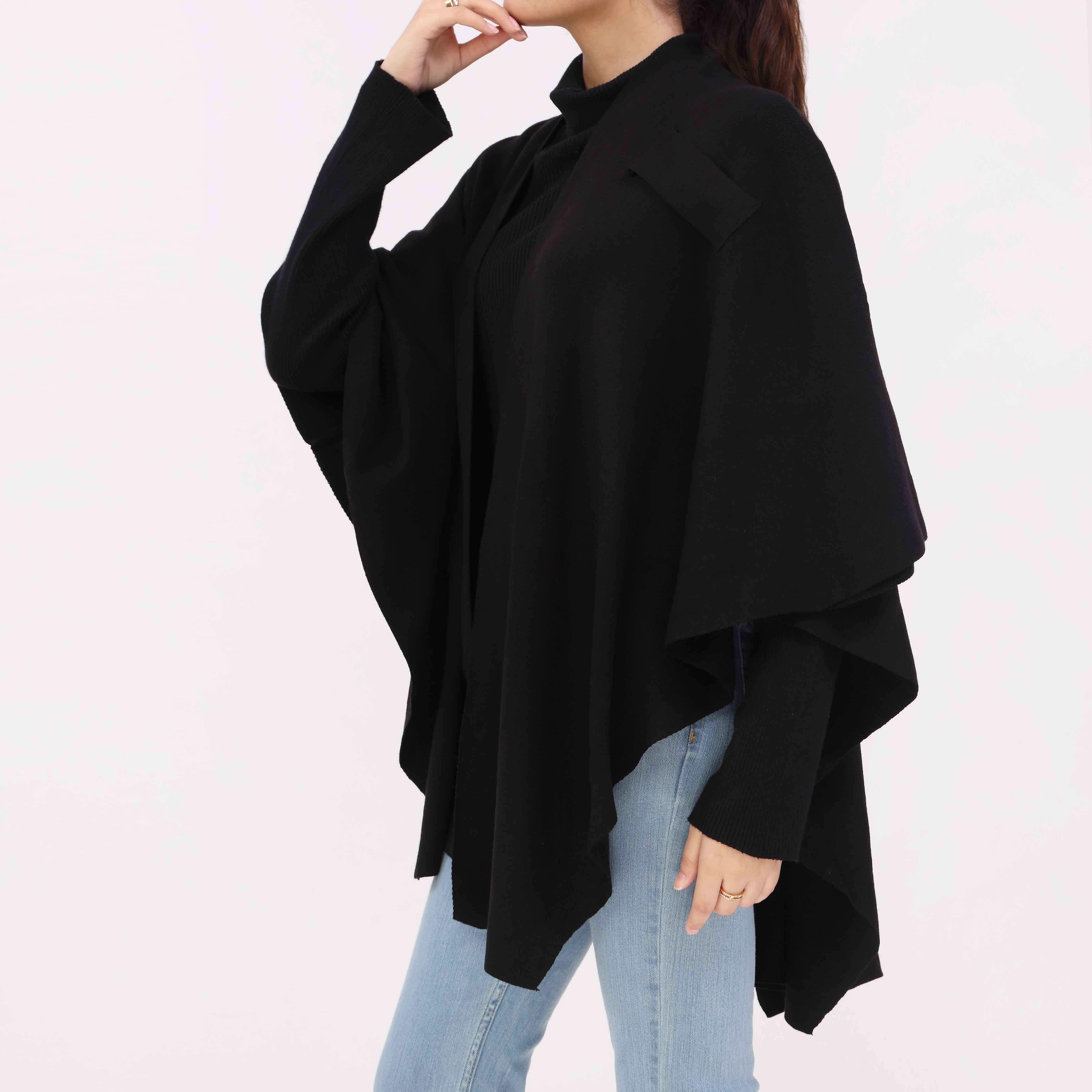 Black Sweater Knit Cape Shawl PW5624 - Image 5