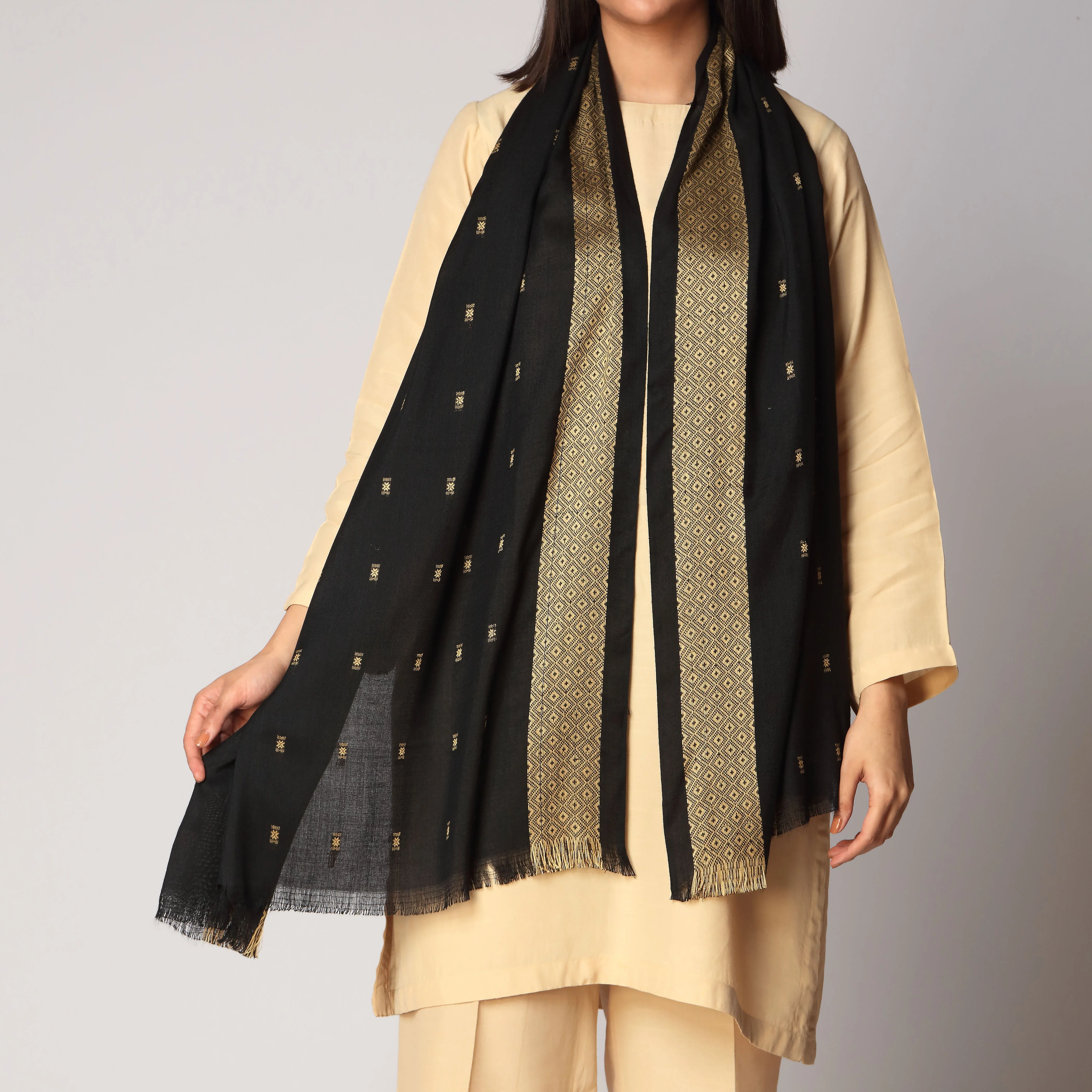 Black Zari Border Stole PS3766 - Image 2