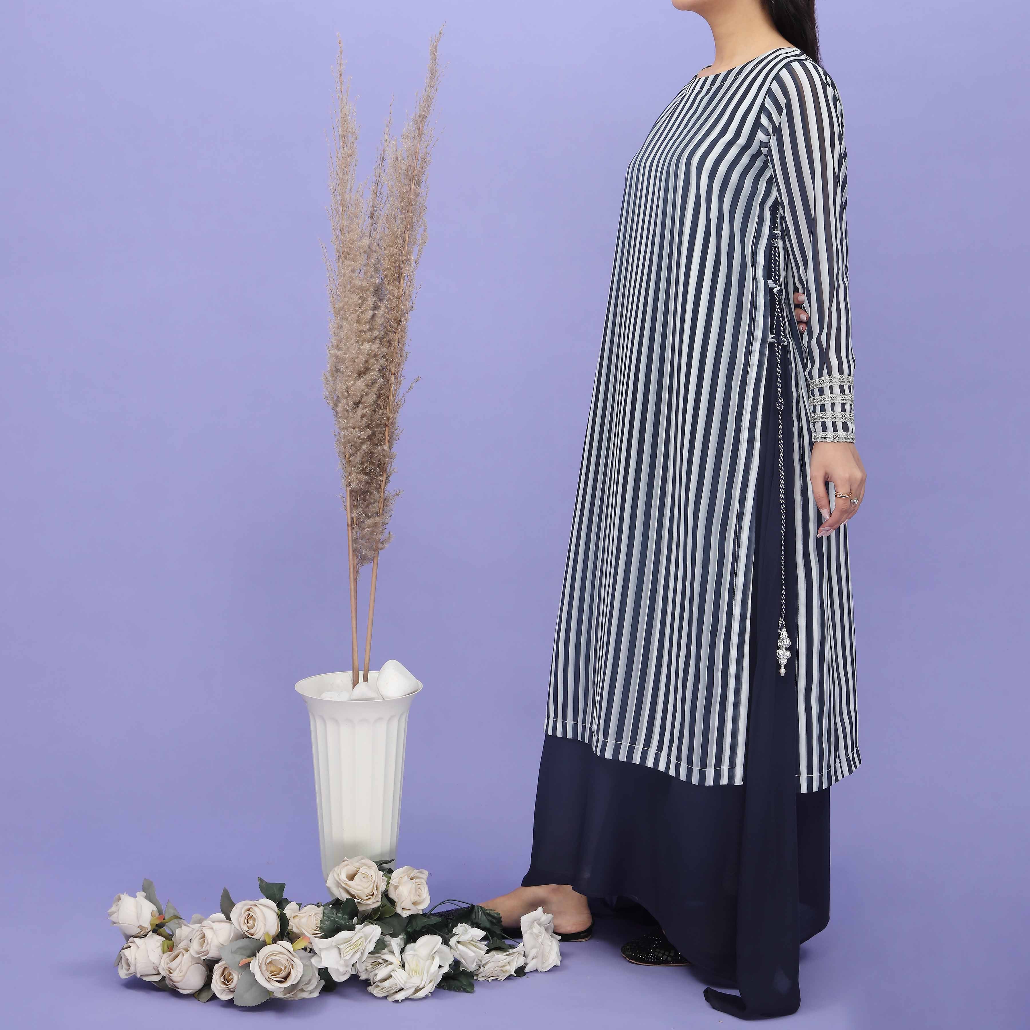 1PC- Crinkle Chiffon Stripes Shirt PS5019 - Image 3
