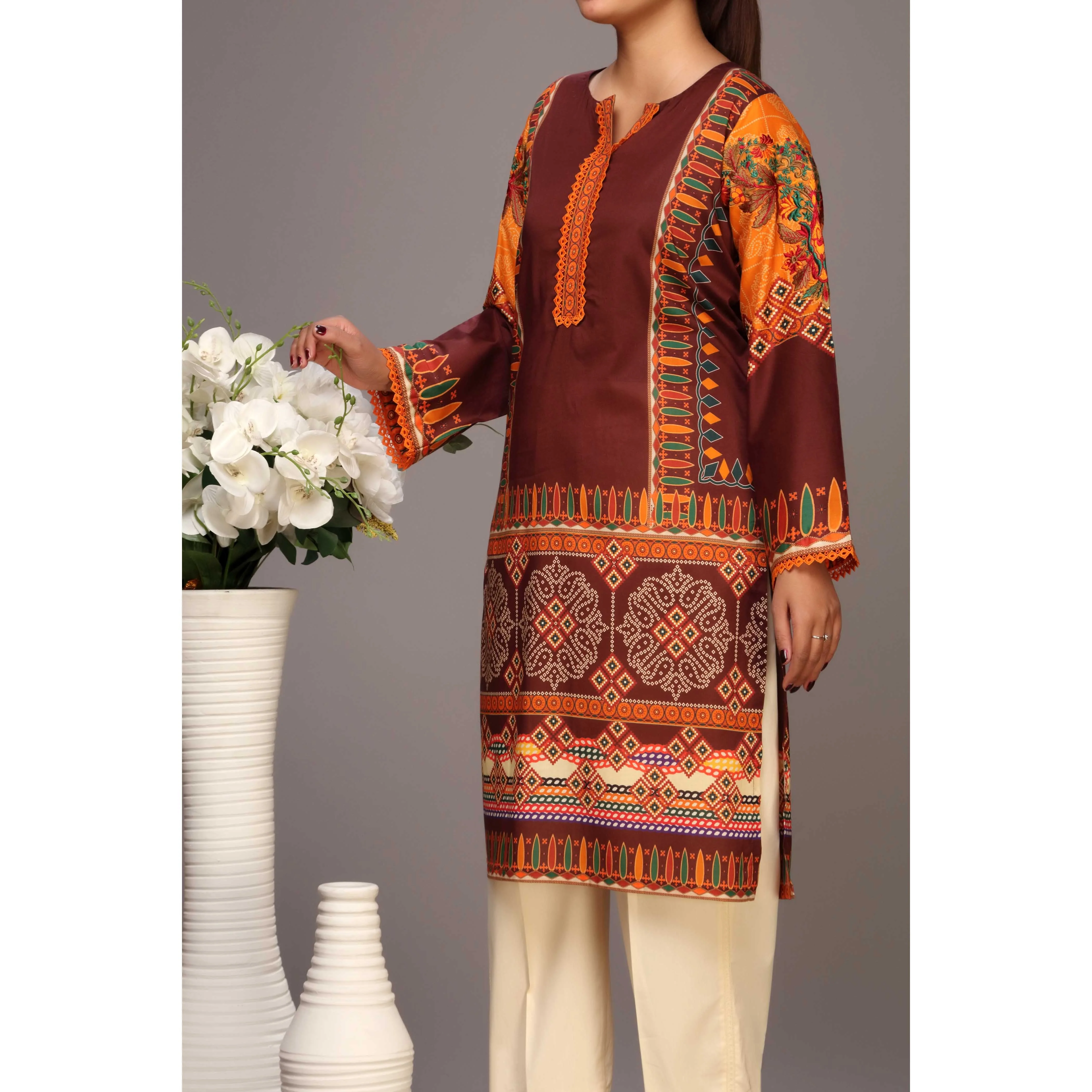 Brown Color Digital Printed Lawn Embroidered Shirt PS2230 - Image 2