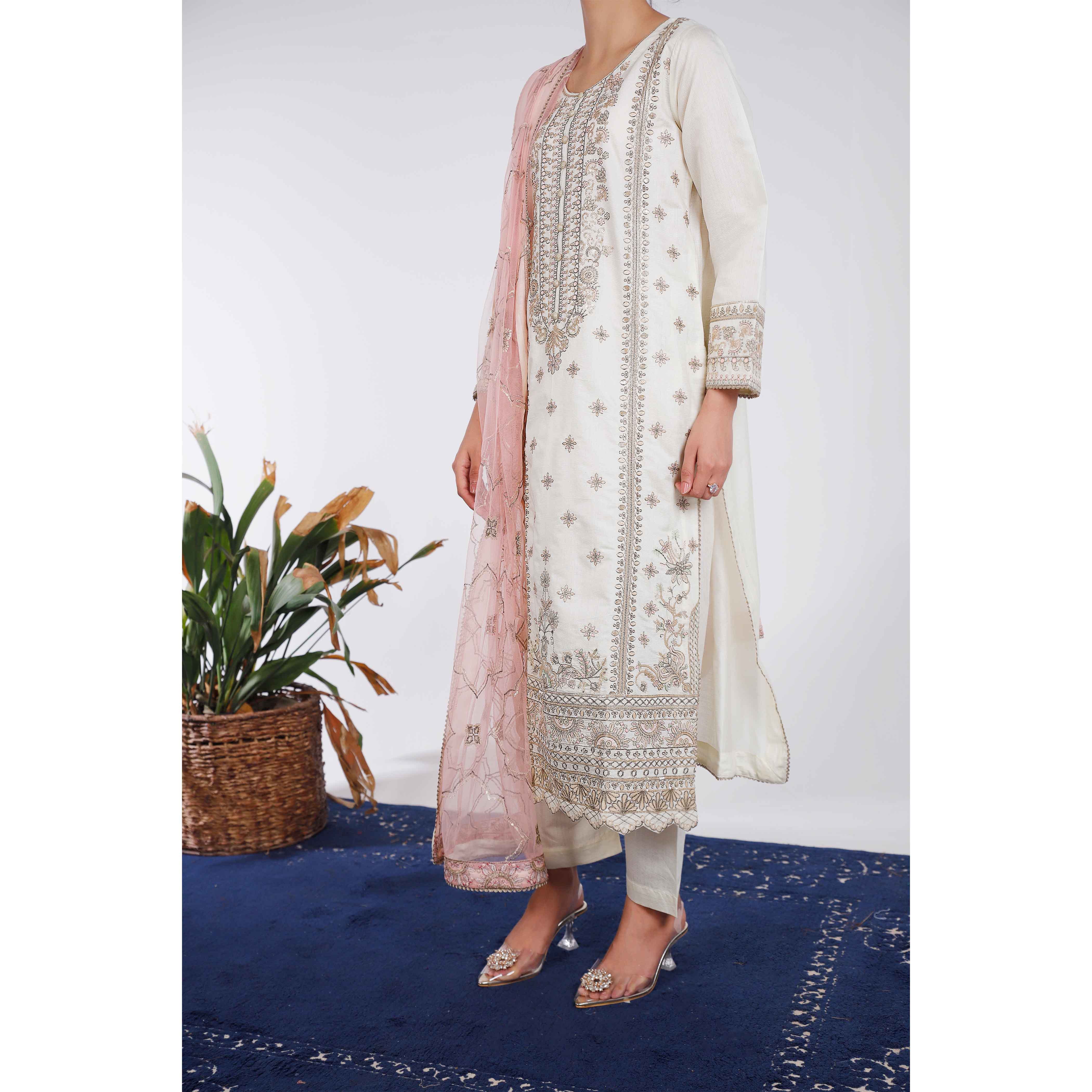 3PC- Embellished Khaddi Net Suit PF4006 - Image 3