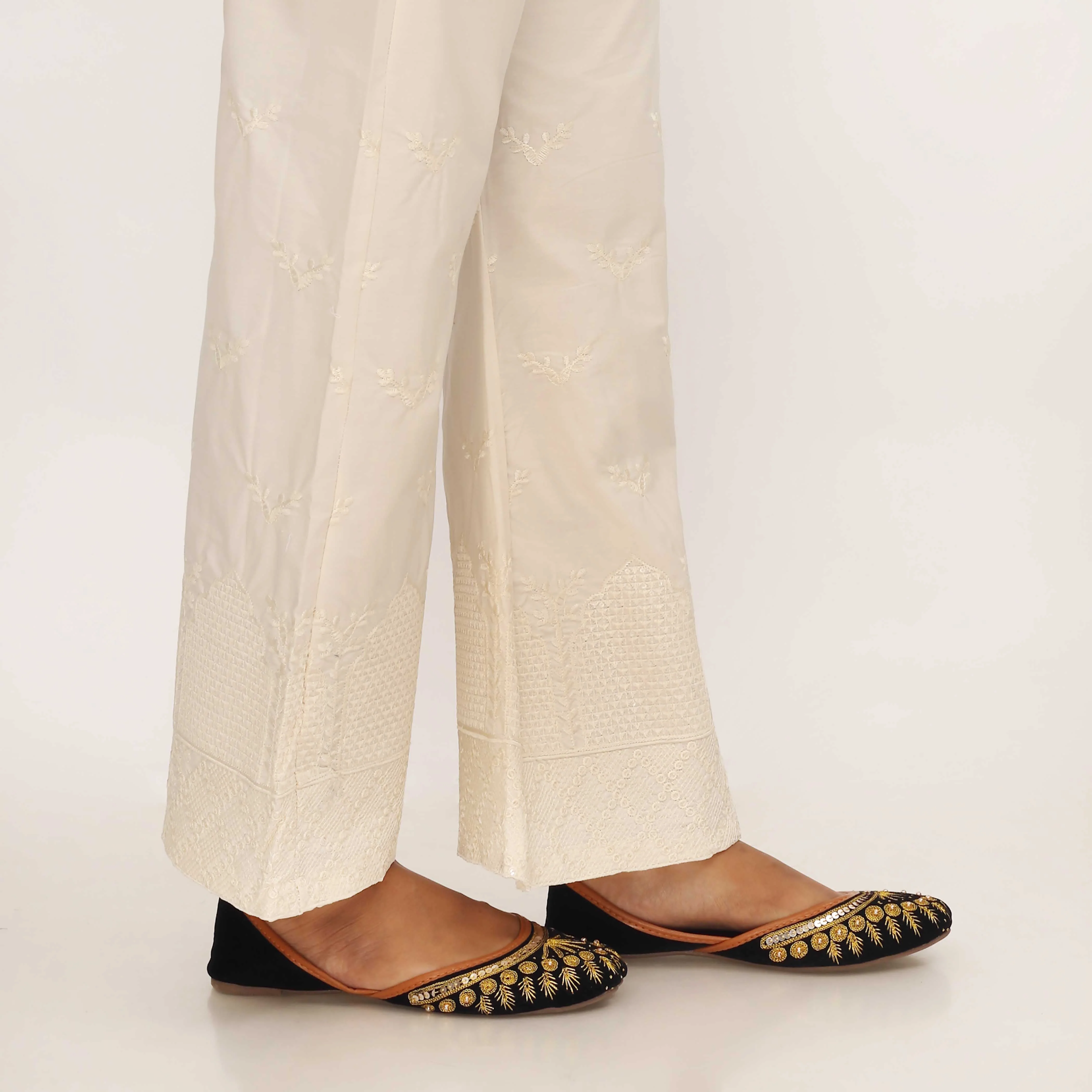 Cream Cotton Cambric Trouser with Embroidery PL5088 - Image 3