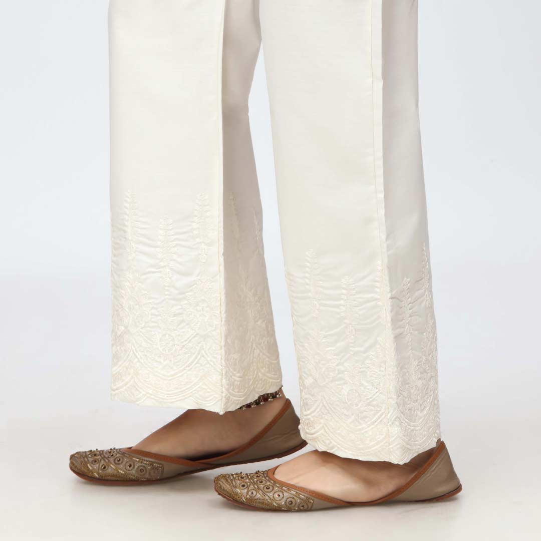 Cream Embroidered Bell Bottom Cambric Trouser PW3658 - Image 2