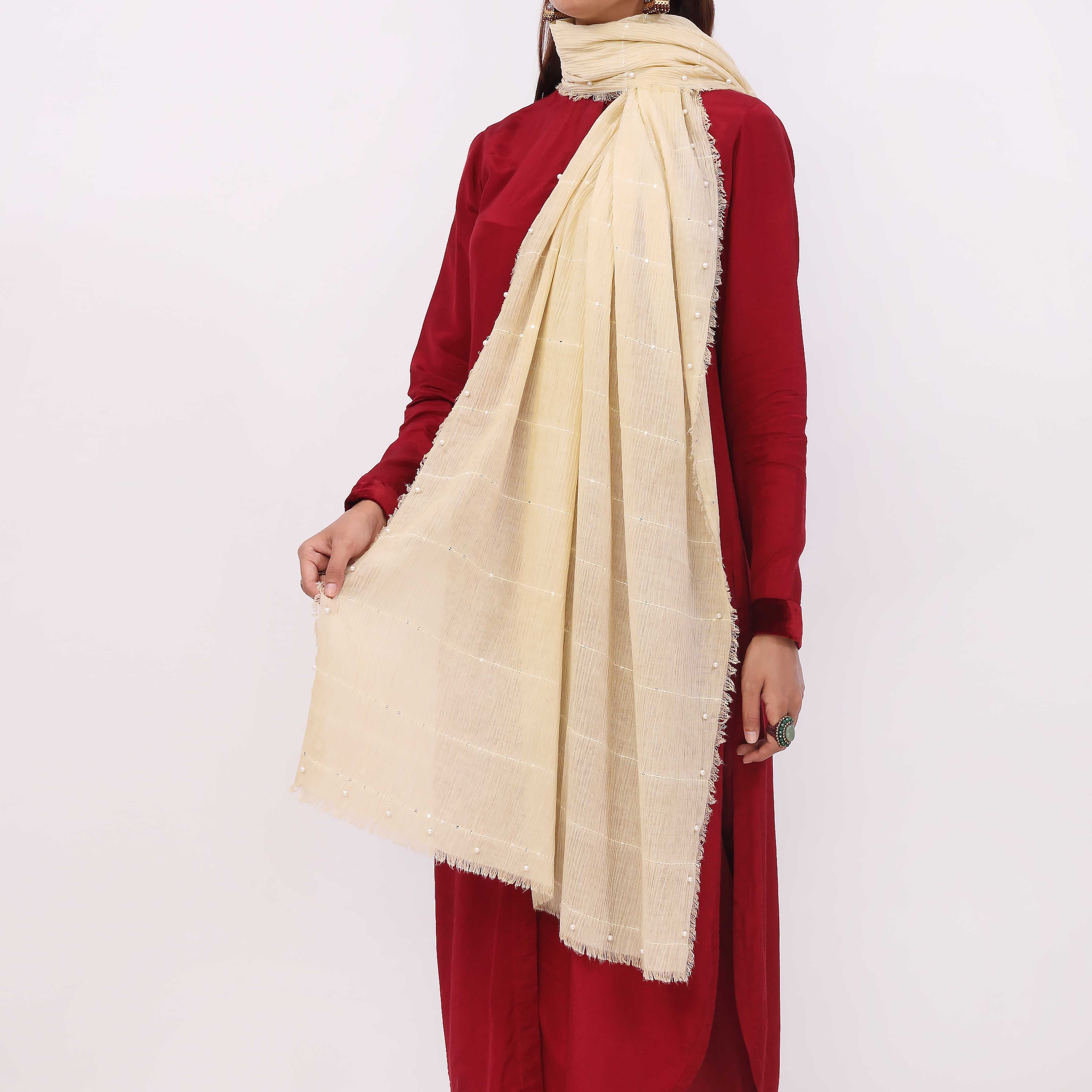 Cream Embroidered Stole PD5301 - Image 2