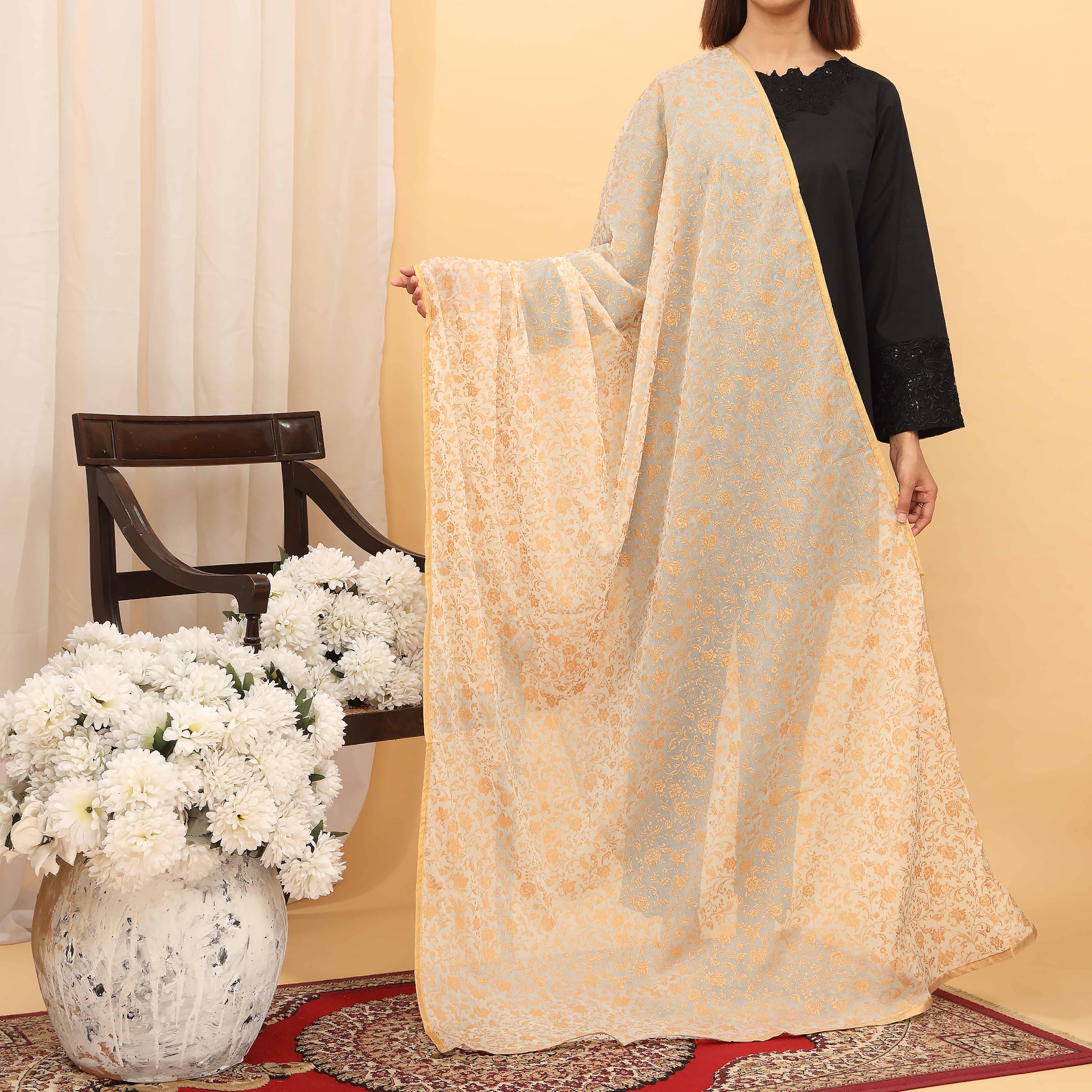Cream Screen Printed Chiffon Dupatta PD5387 - Image 2
