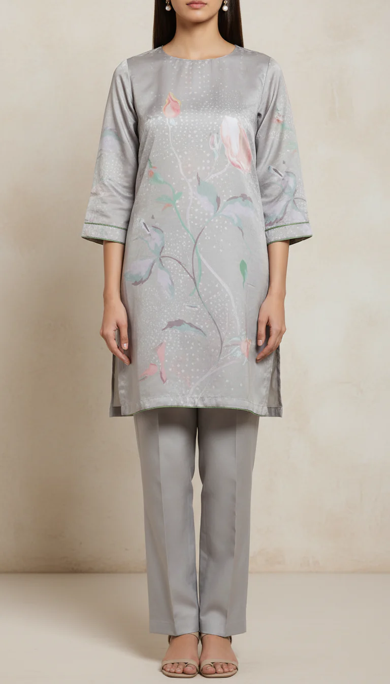 Grey Digital Printed Shamouse Silk Shirt PW5322 - Image 2