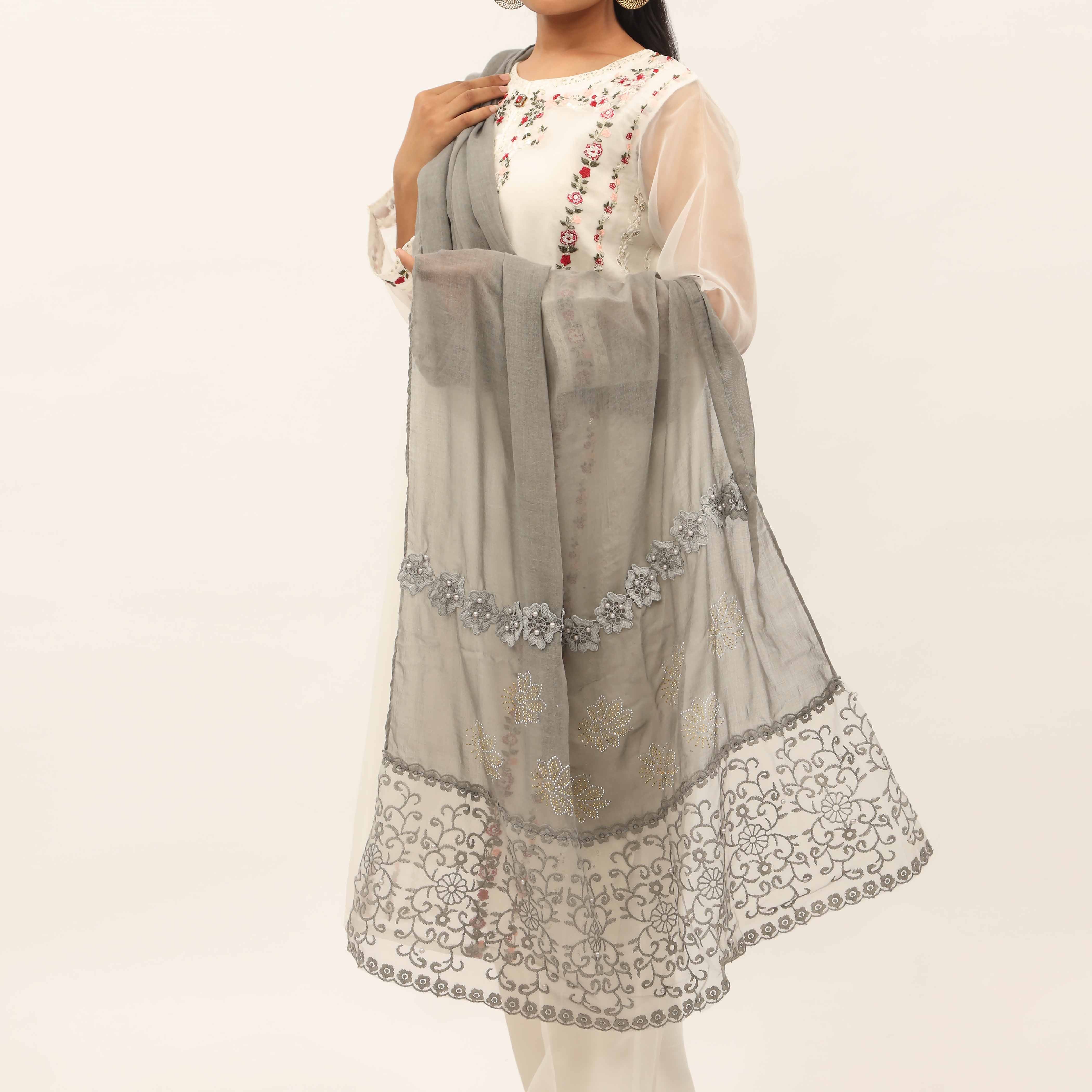 Grey Embroidered Stole PD5275 - Image 3