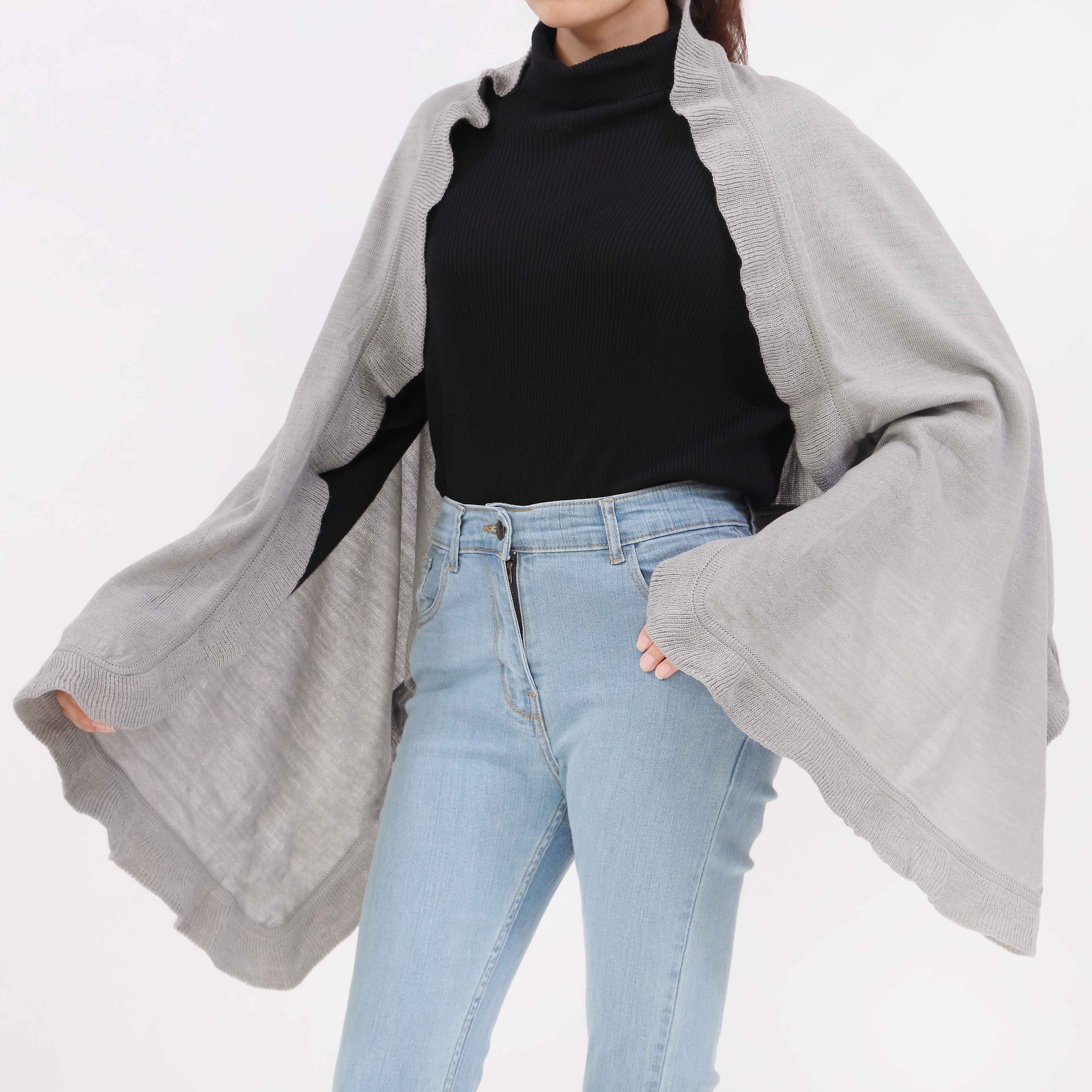 Grey Sweater Knit Cape Shawl PW5621 - Image 4
