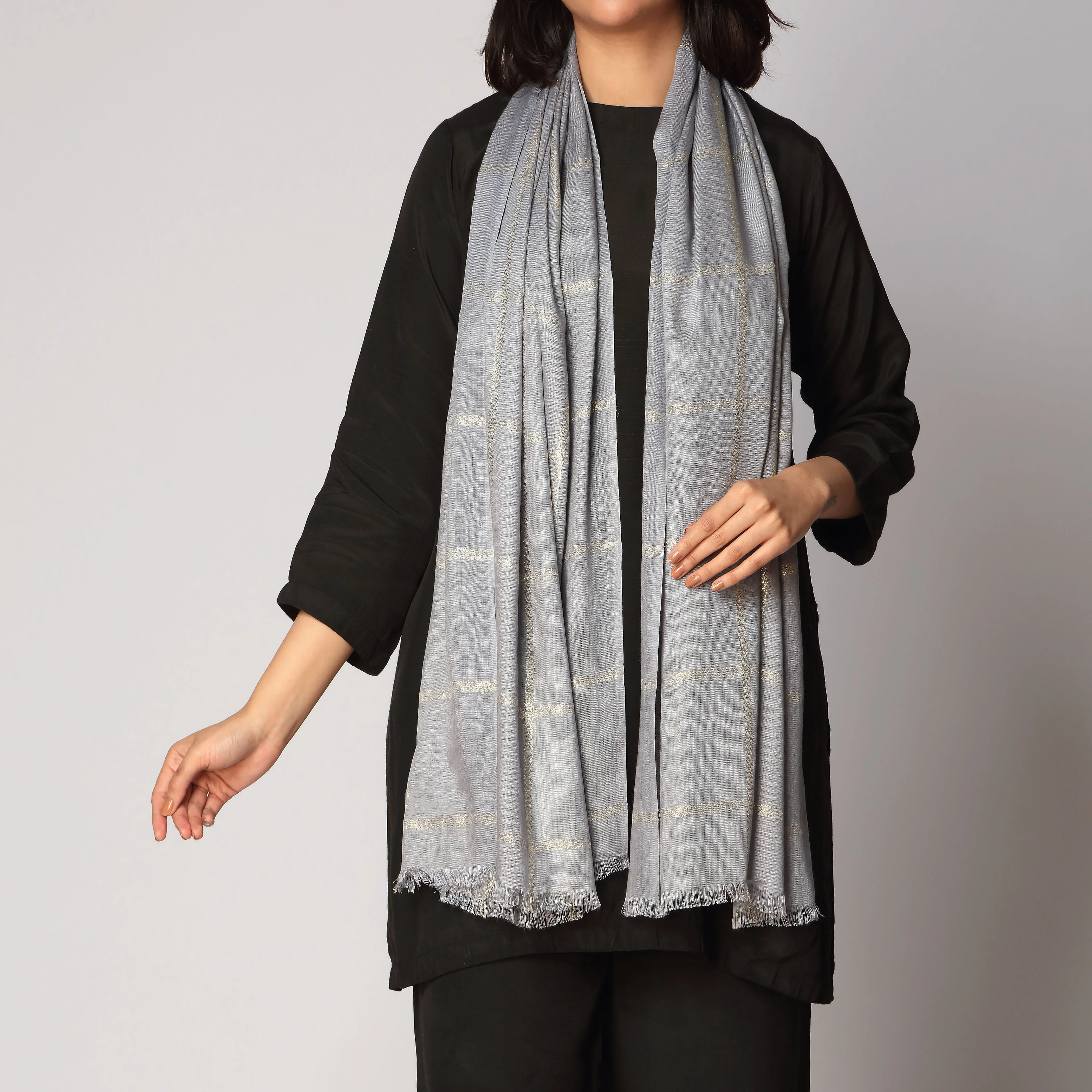 Grey Zari Checkered Stole PS3755 - Image 2