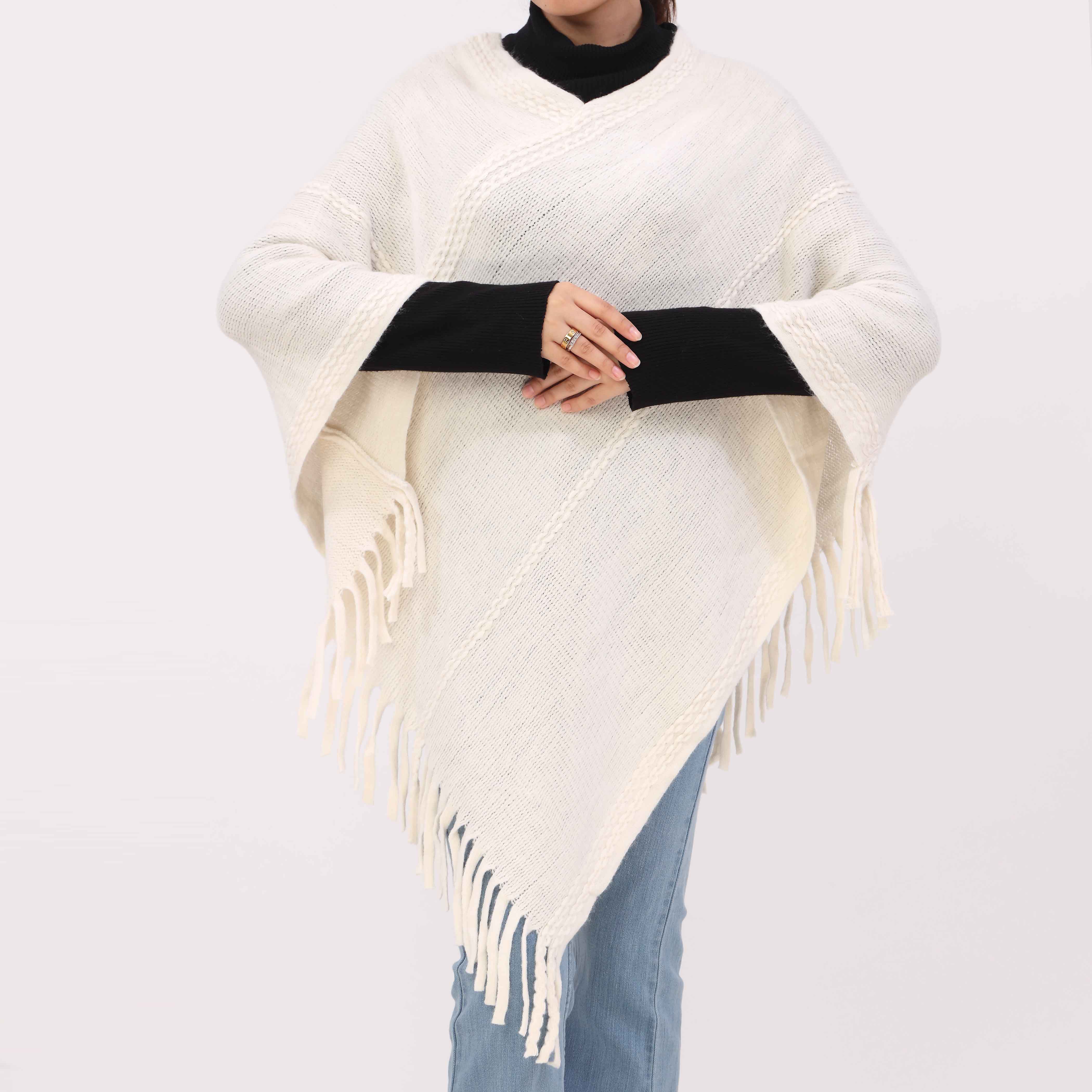 Off/White Sweater Knit Triangle Cape Shawl PW5620 - Image 2