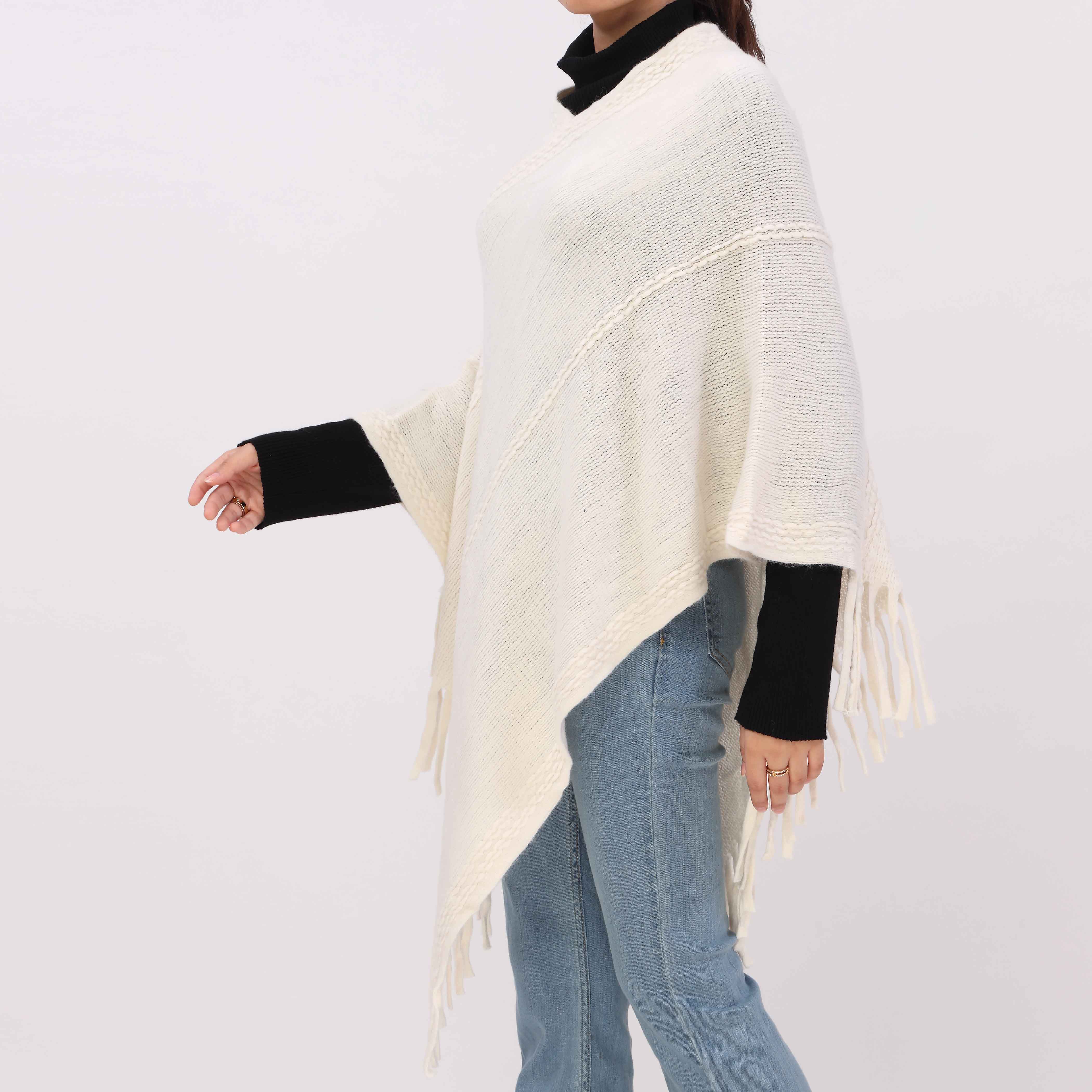 Off/White Sweater Knit Triangle Cape Shawl PW5620 - Image 4