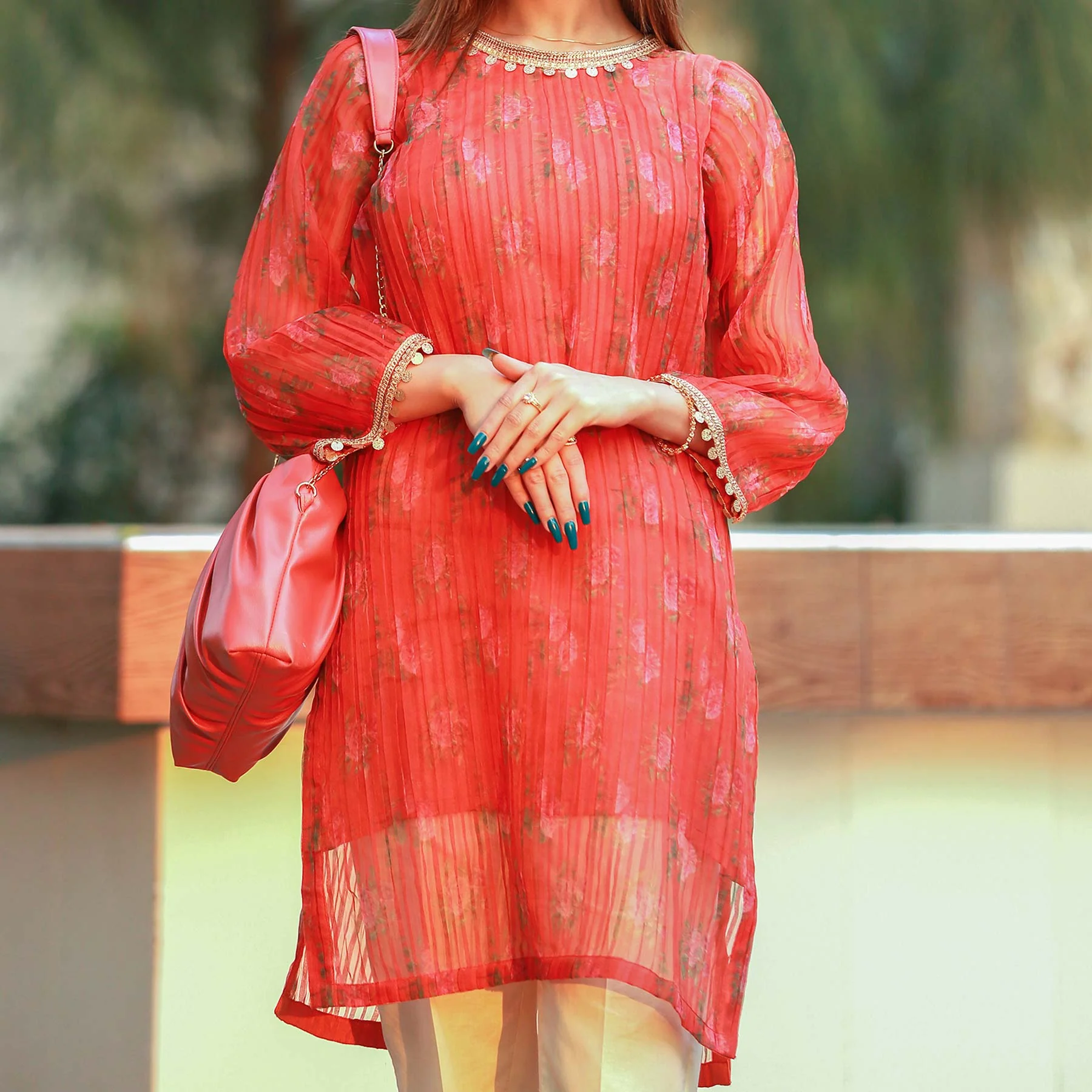 Orange Color Printed Pleted Organza Shirt PS2235 - Image 2